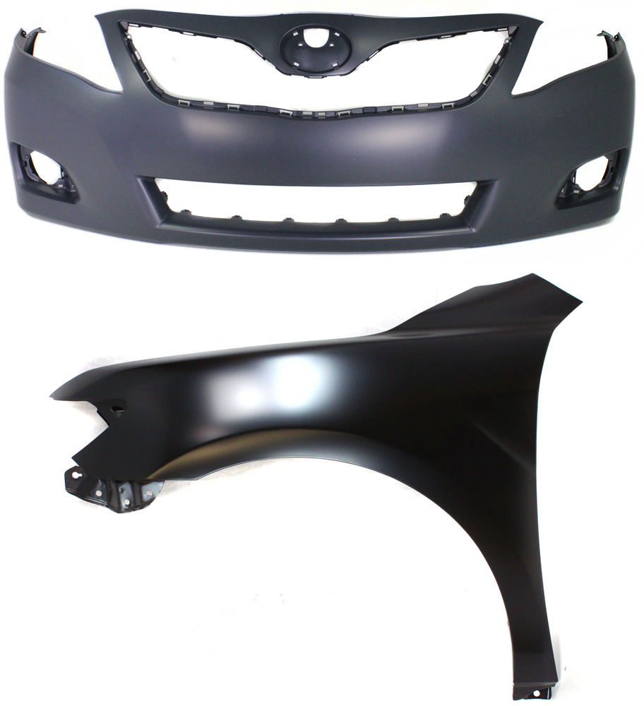 AM CAMRY 10-11 FRONT BUMPER COVER 2 pc Kit Primed w Fog Light Holes w o parking aid sensor holes with Fender CAPA SKU KIT 012118-120 Partslink TO1000356C TO1240211C OEM 5211906958-5380206120