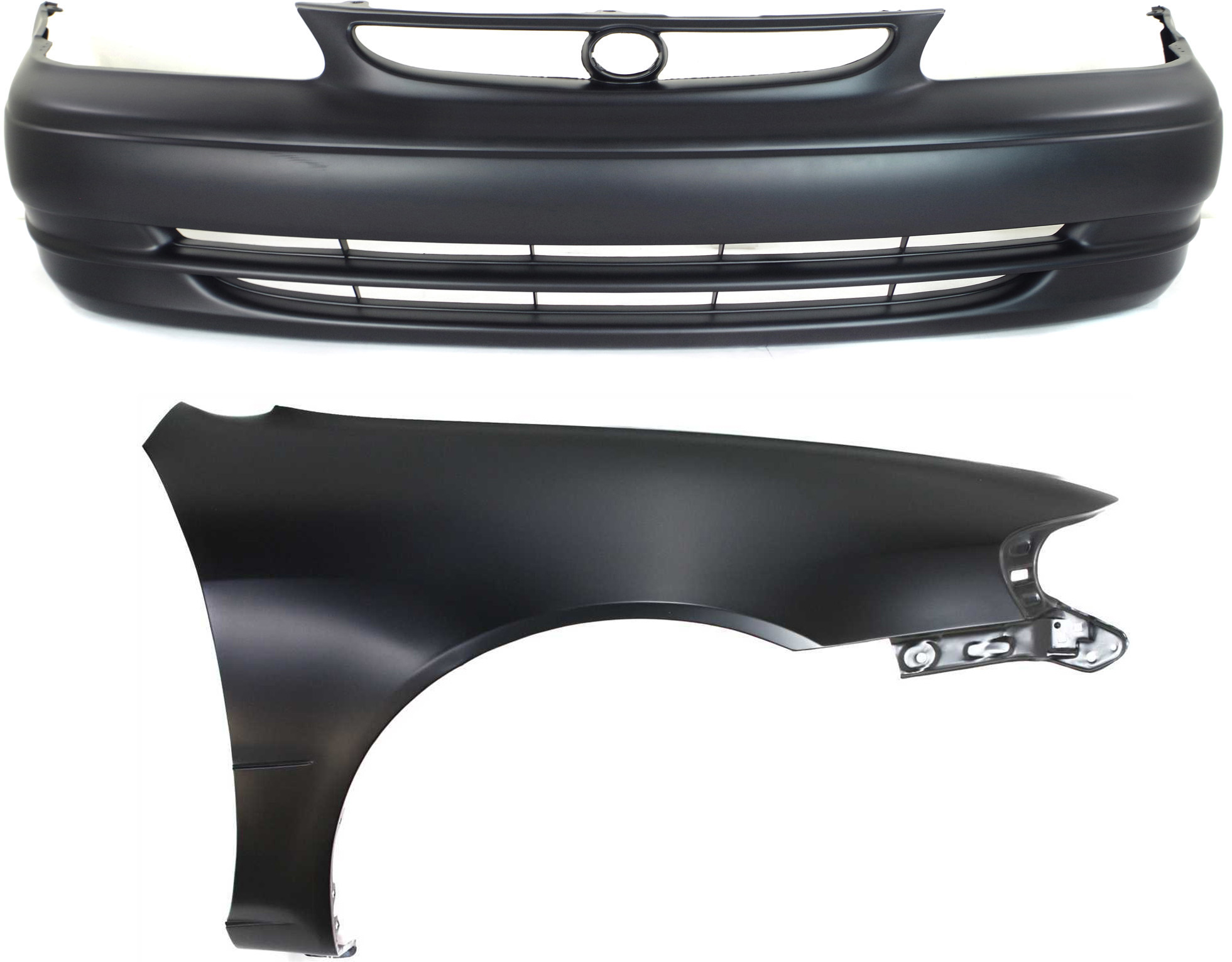 AM COROLLA 98-00 FRONT BUMPER COVER 2 pc Kit Primed with Fender SKU KIT 012118-130 Partslink TO1000189 TO1241164 OEM 5211902903-5381102051