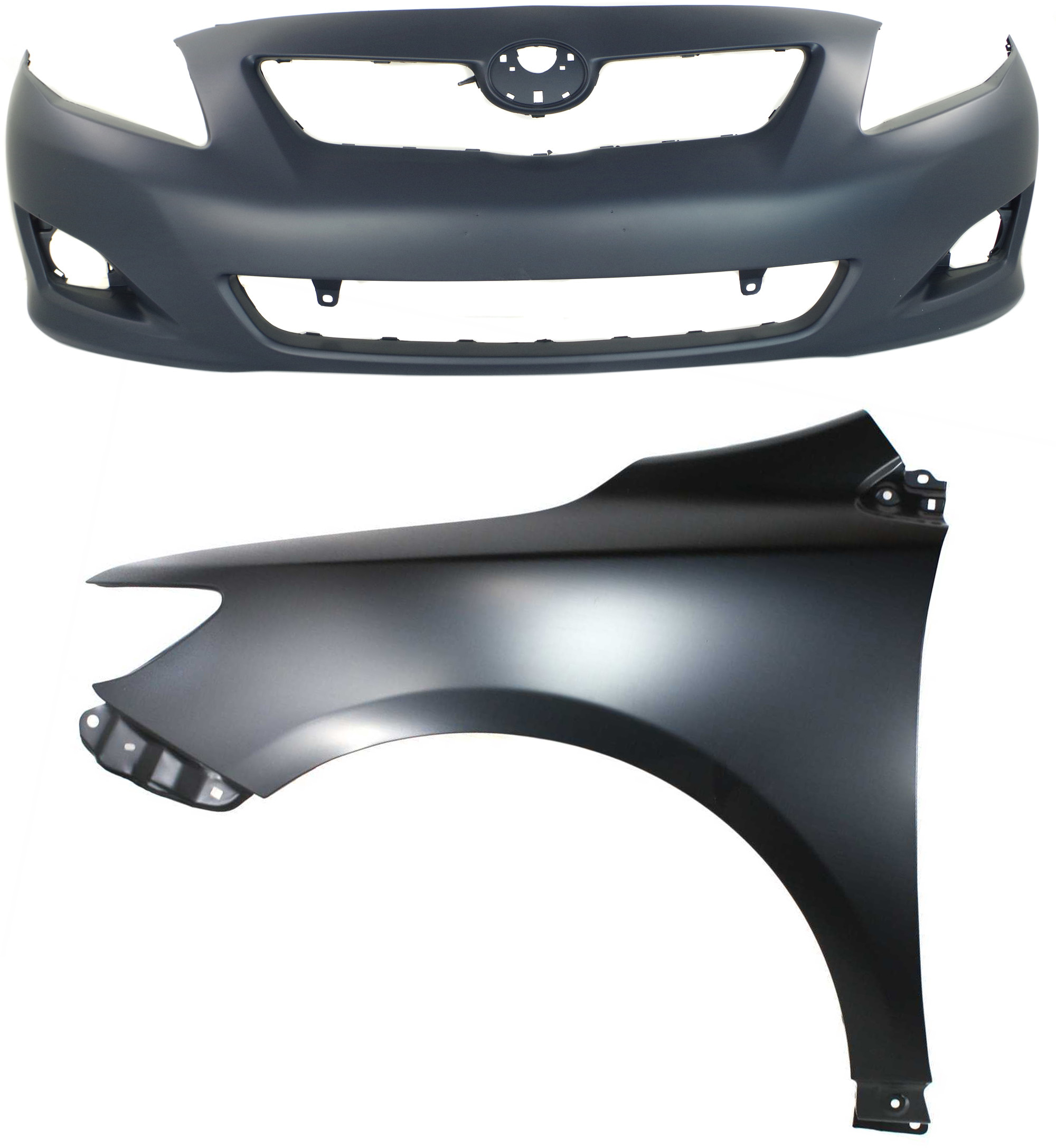 AM COROLLA 09-10 FRONT BUMPER COVER 2 pc Kit Primed with Fender LH Japan Built Vehicle SKU KIT 012118-139 Partslink TO1000343 TO1240224 OEM 5211902990-5380212A70