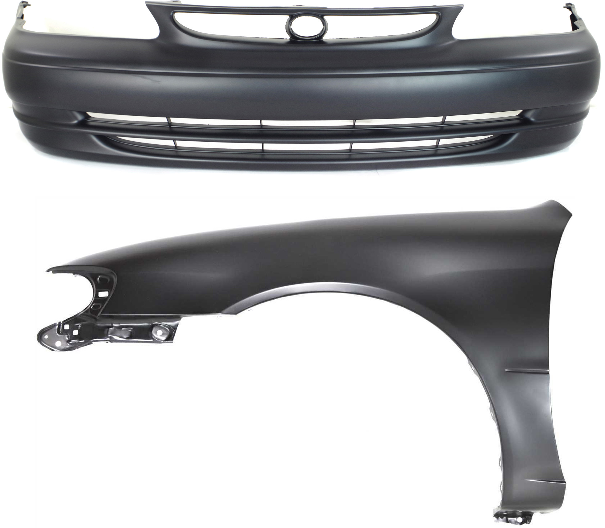 AM COROLLA 98-00 FRONT BUMPER COVER 2 pc Kit Primed with Fender SKU KIT 012118-143 Partslink TO1000189 TO1240164 OEM 5211902903-5381202051