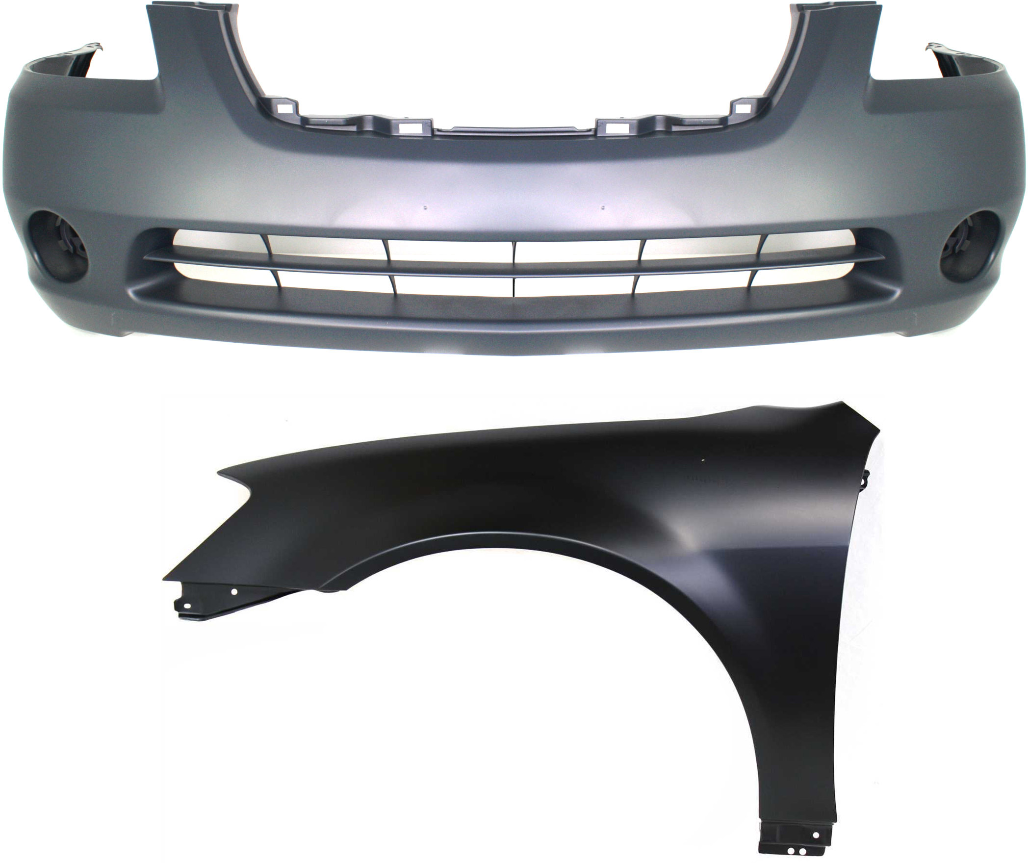 AM ALTIMA2-04 FRONT BUMPER COVER 2 pc Kit Primed with Fender SKU KIT 012118-23 Partslink NI1000193 NI1240171 OEM 620228J040-631138J030