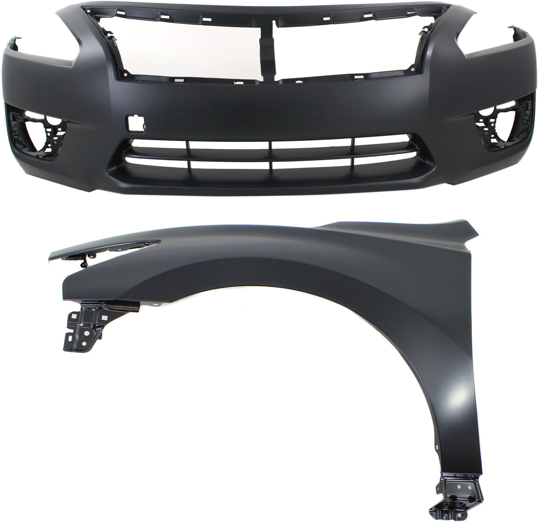 AM ALTIMA 13-15 FRONT BUMPER COVER 2 pc Kit Primed with Fender Sedan SKU KIT 012118-29 Partslink NI1000285 NI1240205 OEM 620223TA0H 631013TA0A