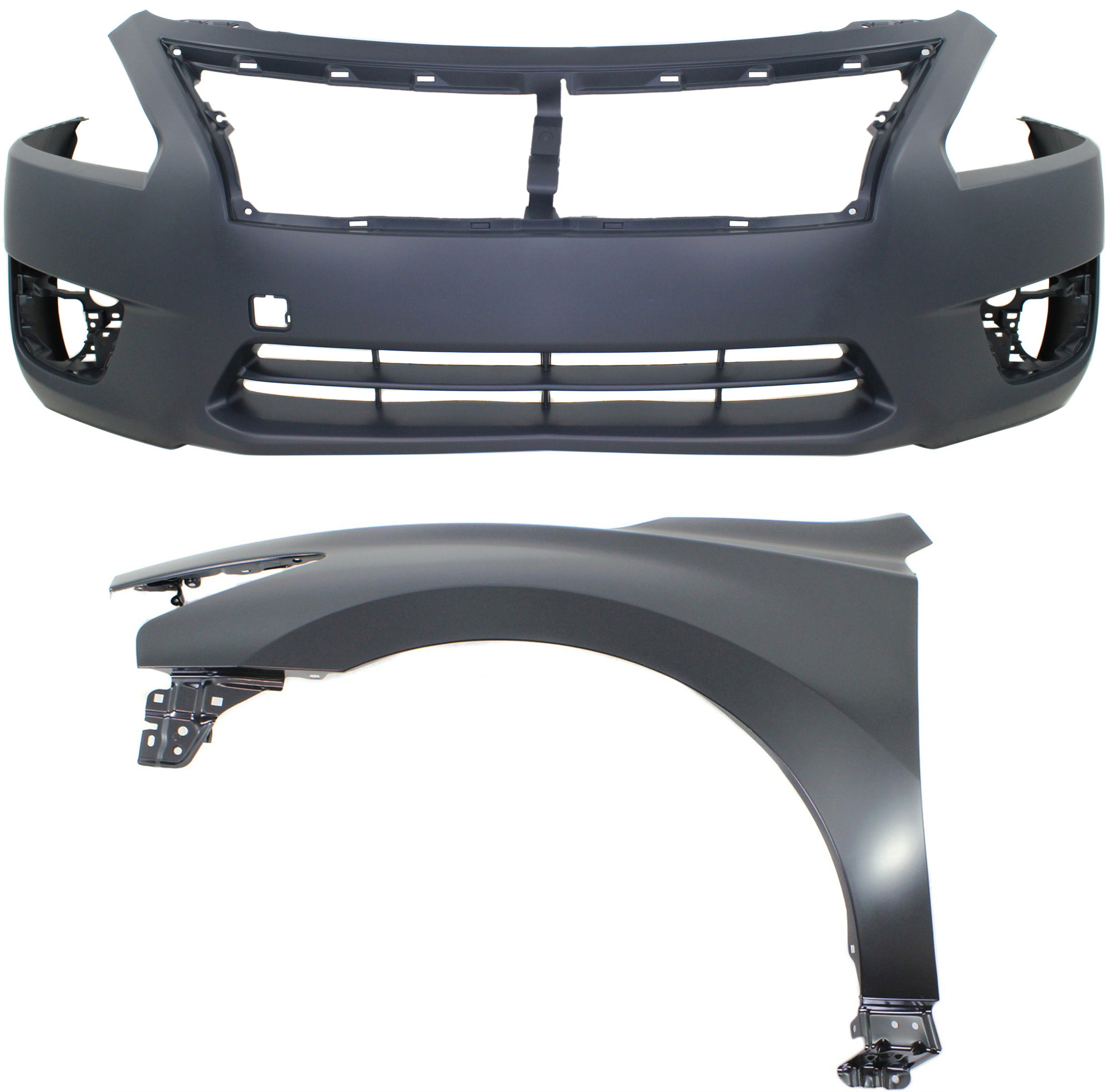 AM ALTIMA 13-15 FRONT BUMPER COVER 2 pc Kit Primed with Fender Sedan CAPA SKU KIT 012118-36 Partslink NI1000285C NI1240205C OEM 620223TA0H 631013TA0A