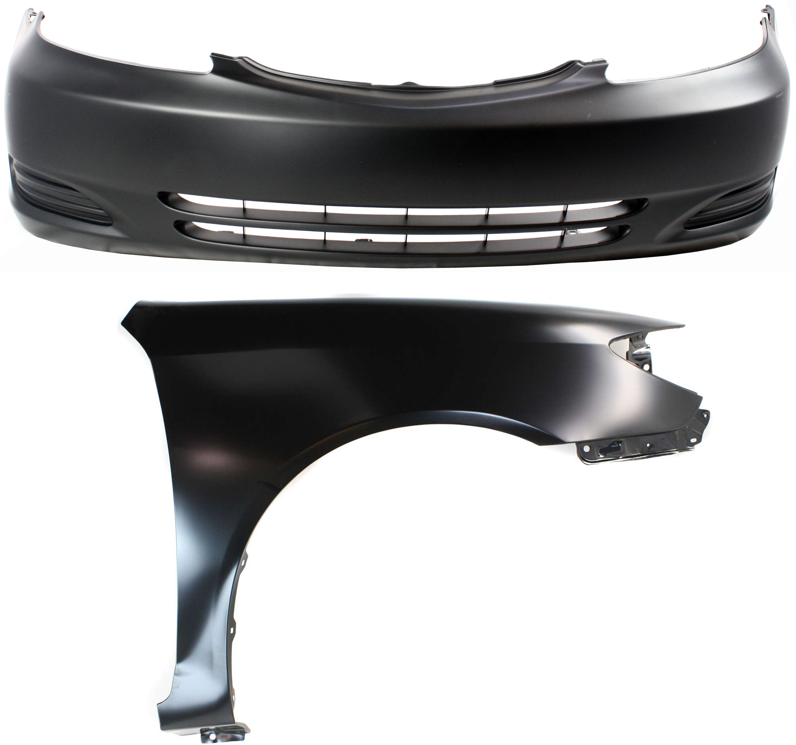 AM CAMRY2-04 FRONT BUMPER COVER 2 pc Kit Primed with Fender SKU KIT 012118-73 Partslink TO1000230 TO1241184 OEM 52119AA904-53801AA020
