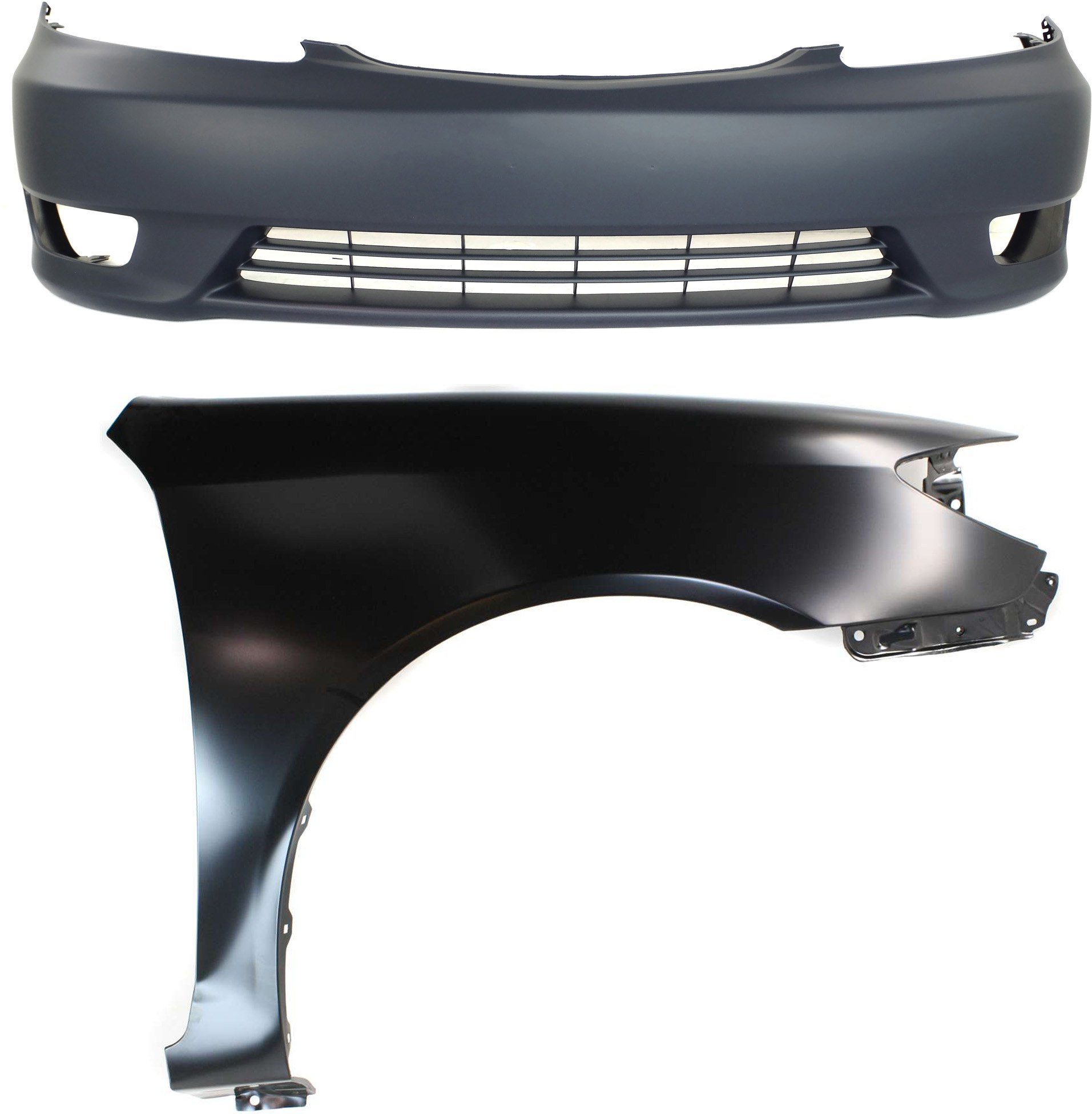 AM CAMRY 05-06 FRONT BUMPER COVER 2 pc Kit Primed SE Model USA Built Vehicle w Fog Light Holes w o parking aid sensor holes with Fender SKU KIT 012118-74 Partslink TO1000285 TO1241184 OEM 5211906908-53801AA020
