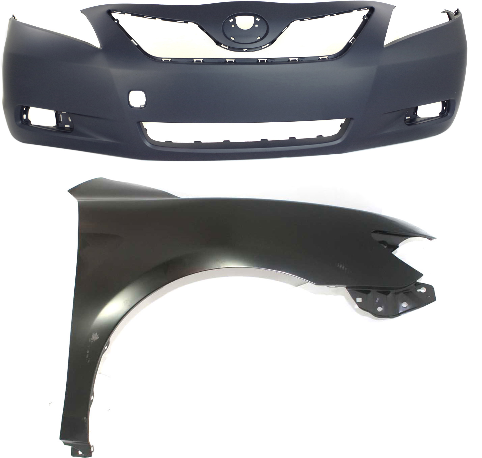 AM CAMRY7-09 FRONT BUMPER COVER 2 pc Kit Primed with Fender Japan Built Vehicle SKU KIT 012118-76 Partslink TO1000327 TO1241211 OEM 5211933943-5380106110
