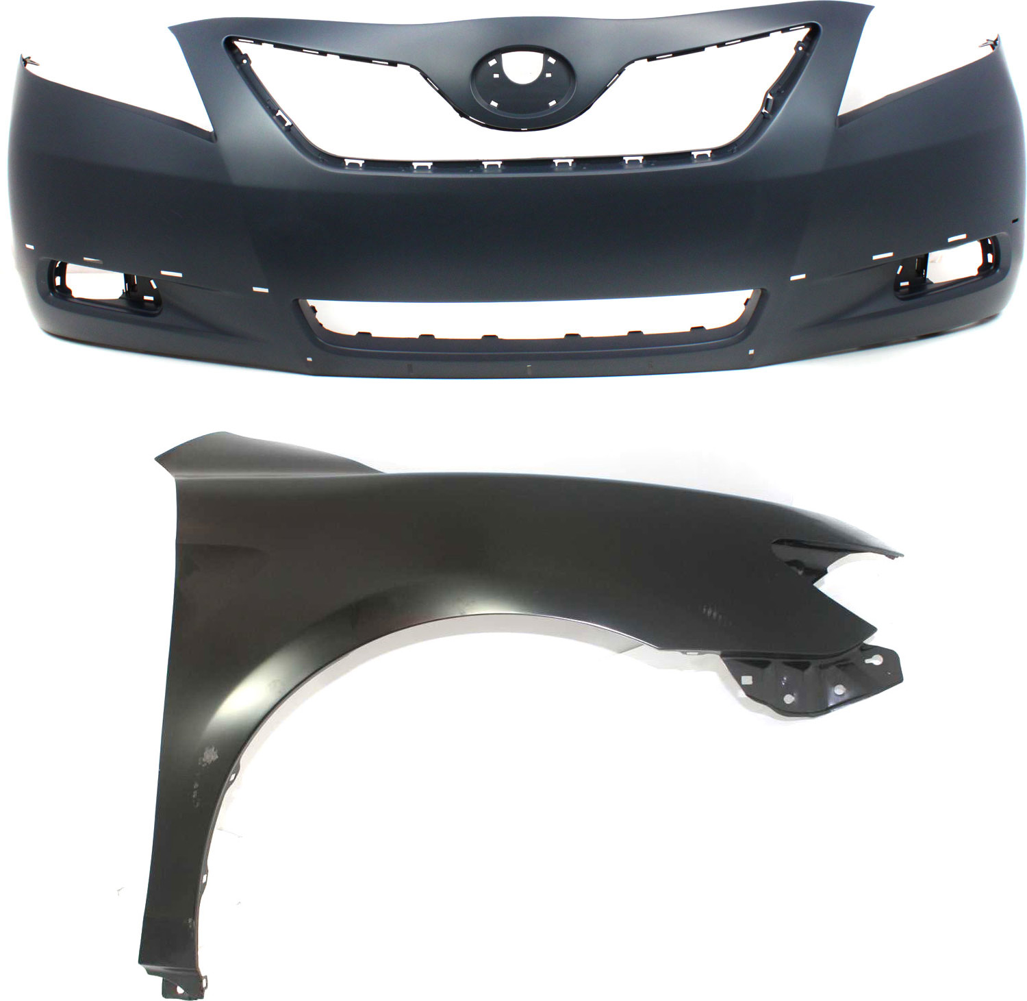 AM CAMRY7-09 FRONT BUMPER COVER 2 pc Kit Primed with Fender USA Built Vehicle SKU KIT 012118-77 Partslink TO1000318 TO1241211 OEM 5211906921-5380106110
