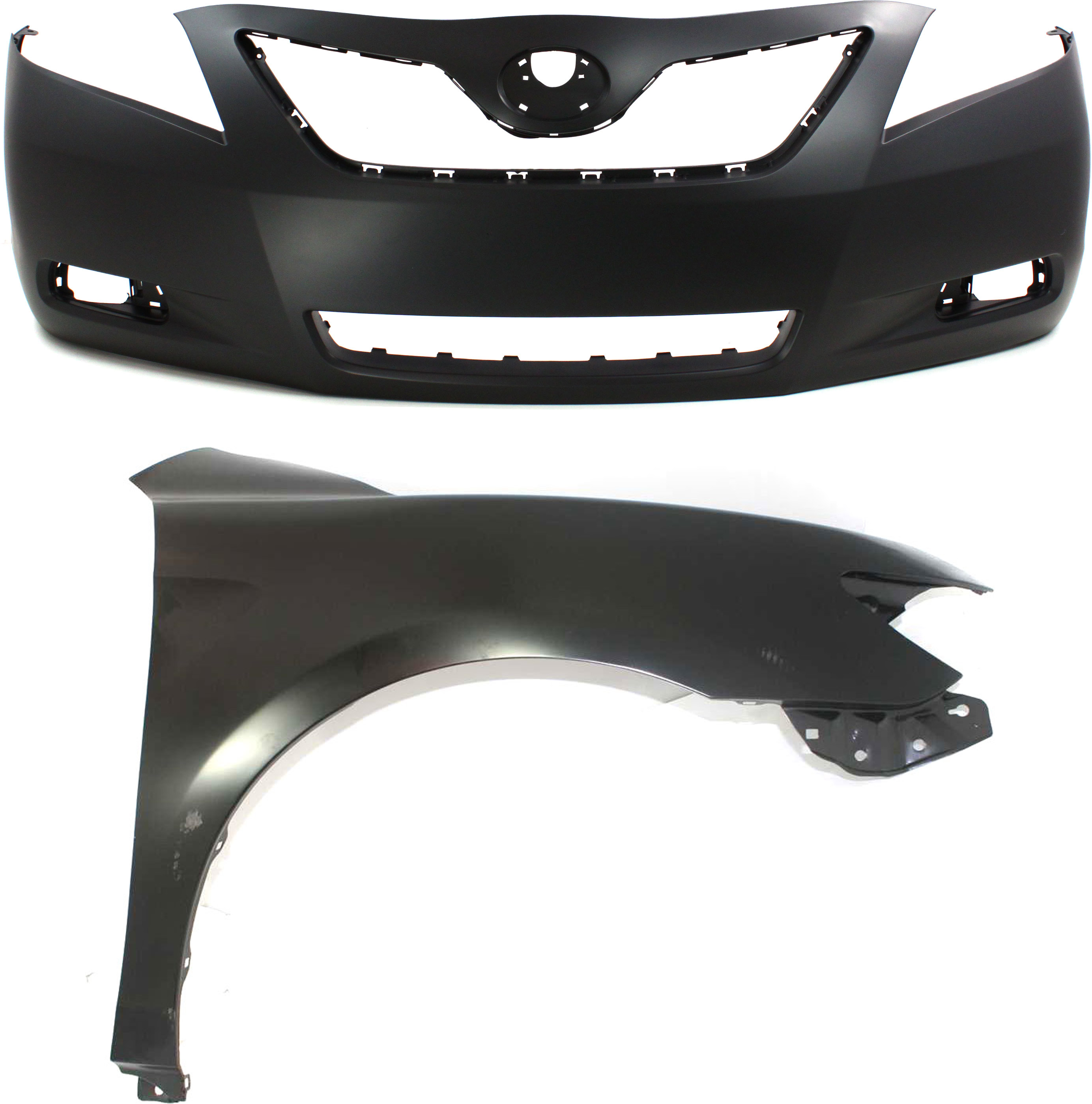 AM CAMRY7-09 FRONT BUMPER COVER 2 pc Kit Primed with Fender USA Built Vehicle SKU KIT 012118-78 Partslink TO1000329 TO1241211 OEM 5211906919-5380106110