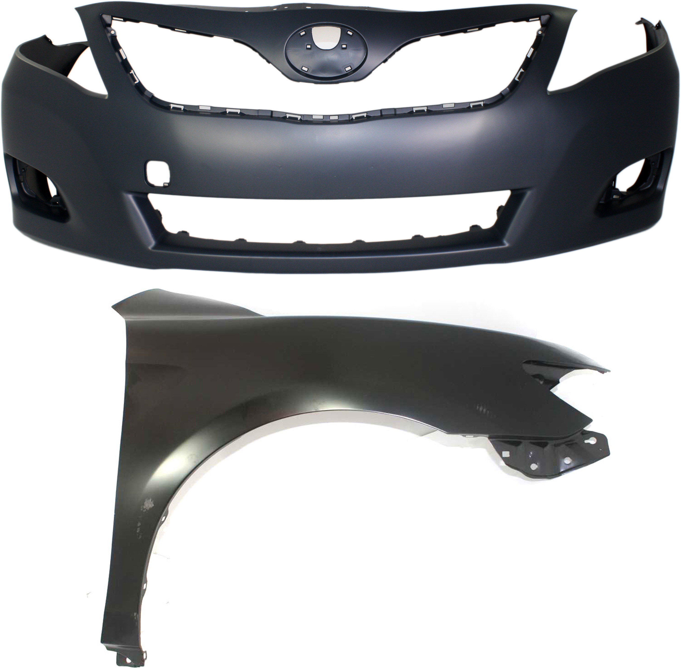AM CAMRY 10-11 FRONT BUMPER COVER Primed w Fog Light Holes 2 pc Kit with Fender SKU KIT 012118-79 Partslink TO1000357 TO1241211 OEM 5211933966-5380106110