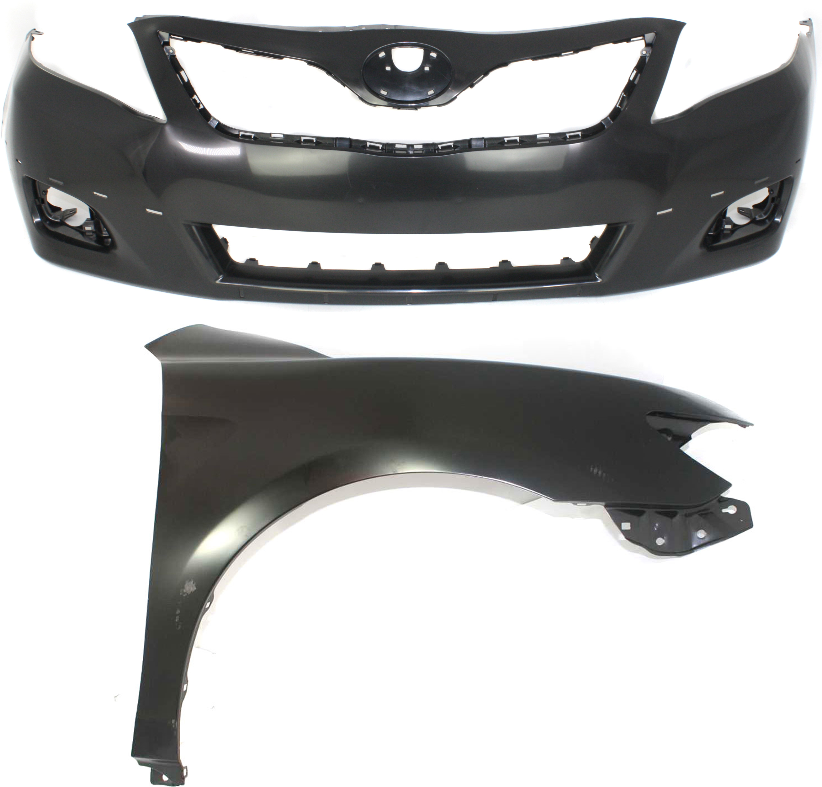 AM CAMRY 10-11 FRONT BUMPER COVER Primed w Fog Light Holes 2 pc Kit with Fender SKU KIT 012118-83 Partslink TO1000355 TO1241211 OEM 5211906959-5380106110