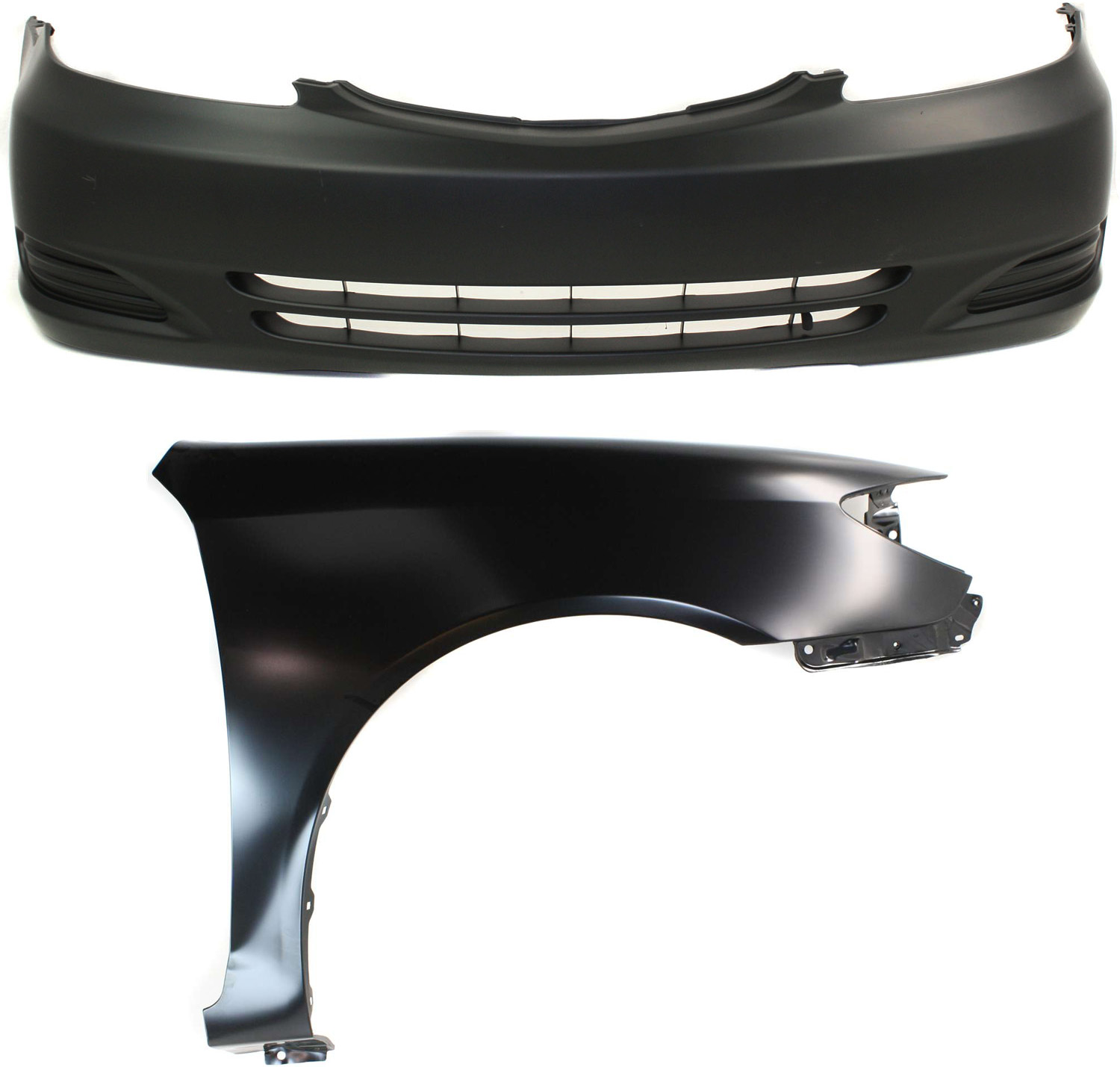 AM CAMRY 02-04 FRONT BUMPER COVER 2 pc Kit Primed w o Fog Light Holes with Fender CAPA SKU KIT 012118-87 Partslink TO1000230C TO1241184C OEM 52119AA904-53801AA020