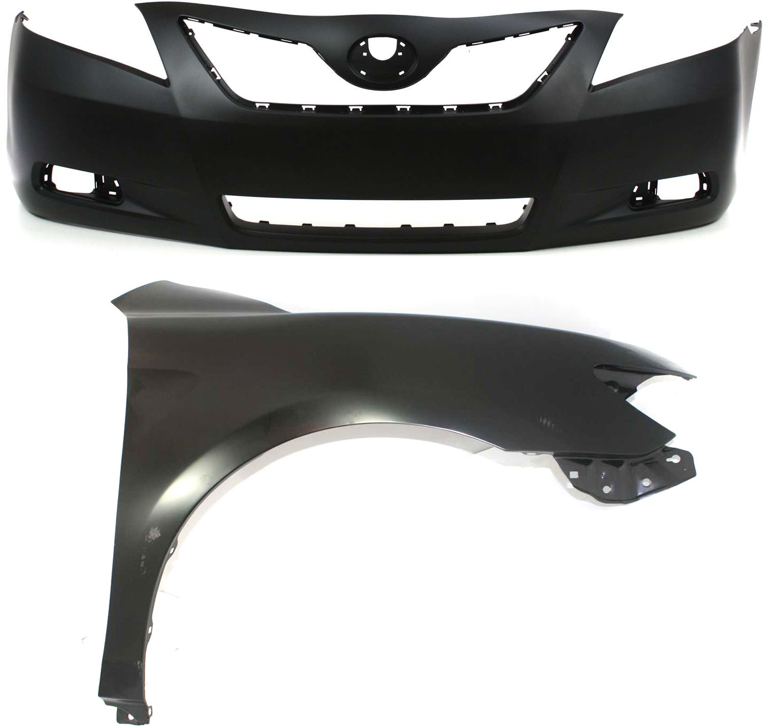 AM CAMRY 07-09 FRONT BUMPER COVER Primed w Fog Light Holes 2 pc Kit with Fender CAPA SKU KIT 012118-91 Partslink TO1000329C TO1241211C OEM 5211906919-5380106110