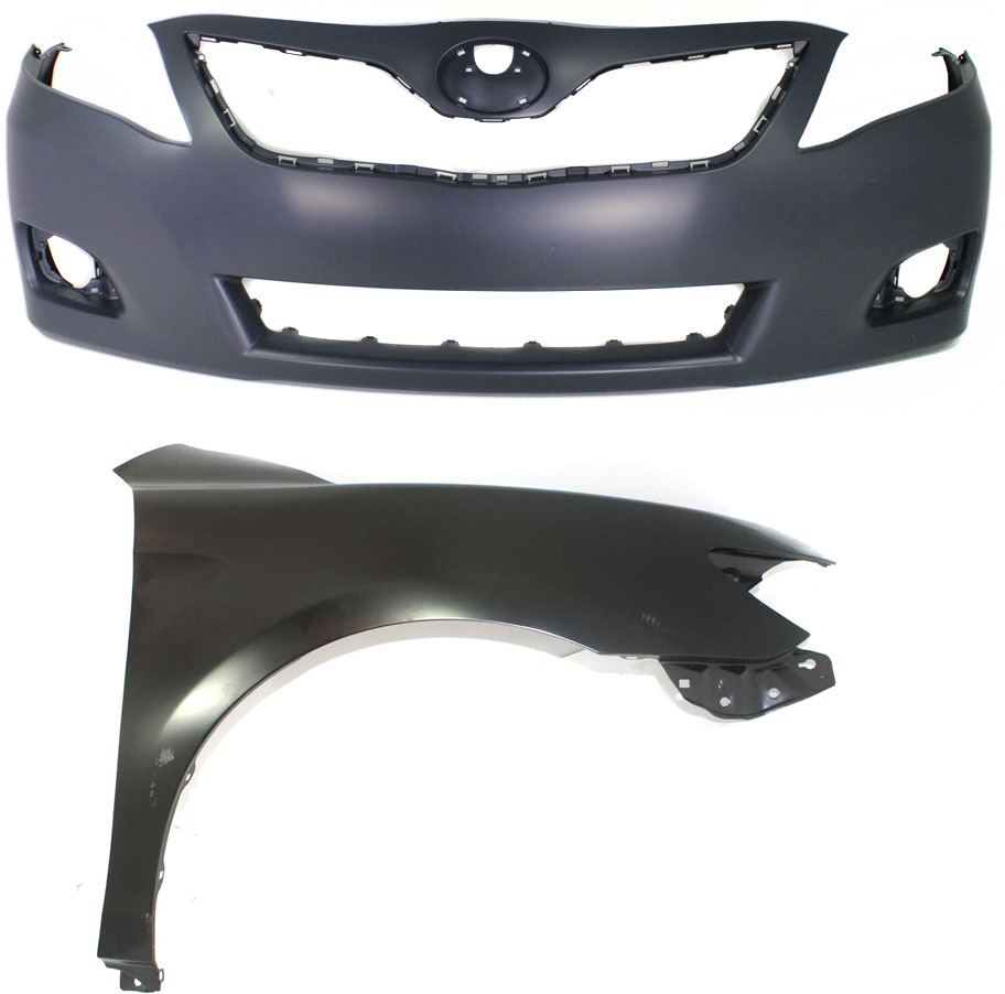 AM CAMRY 10-11 FRONT BUMPER COVER 2 pc Kit Primed w Fog Light Holes w o parking aid sensor holes with Fender CAPA SKU KIT 012118-92 Partslink TO1000356C TO1241211C OEM 5211906958-5380106110