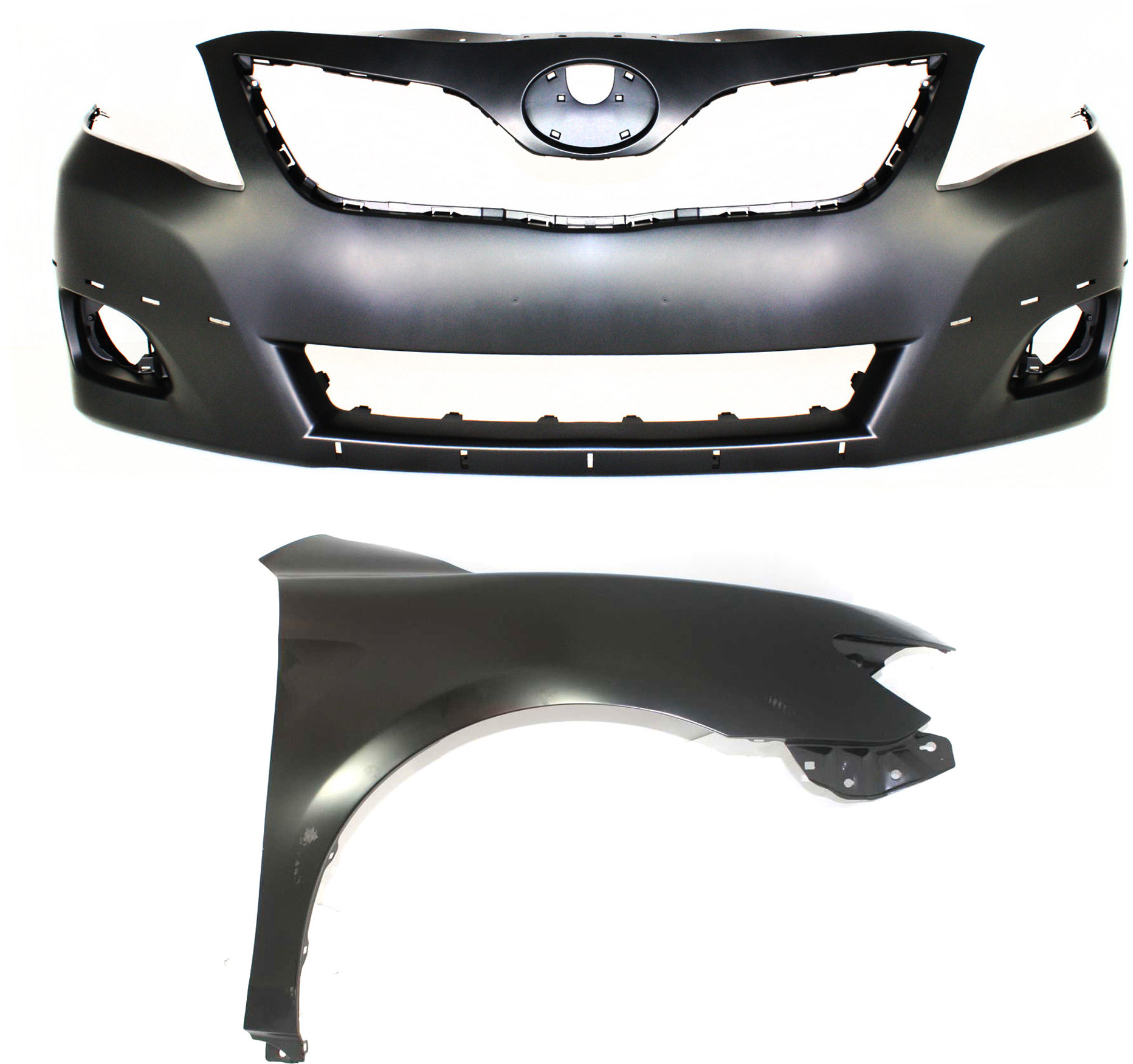 AM CAMRY 10-11 FRONT BUMPER COVER Primed w Fog Light Holes 2 pc Kit with Fender CAPA SKU KIT 012118-94 Partslink TO1000355C TO1241211C OEM 5211906959-5380106110