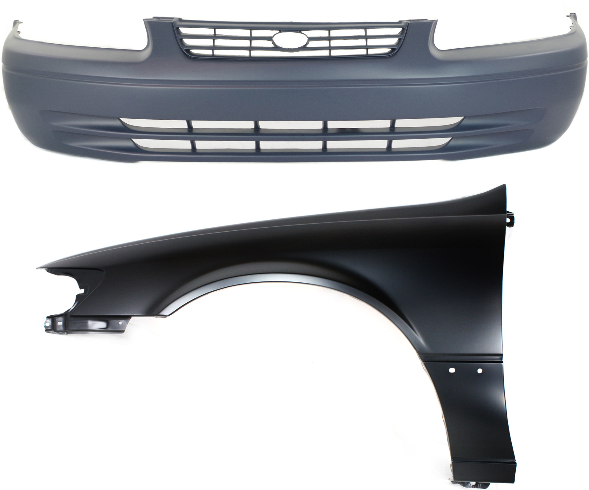 AM CAMRY 97-99 FRONT BUMPER COVER 2 pc Kit Primed with Fender SKU KIT 012118-97 Partslink TO1000187 TO1240162 OEM 52119AA901-53812AA020
