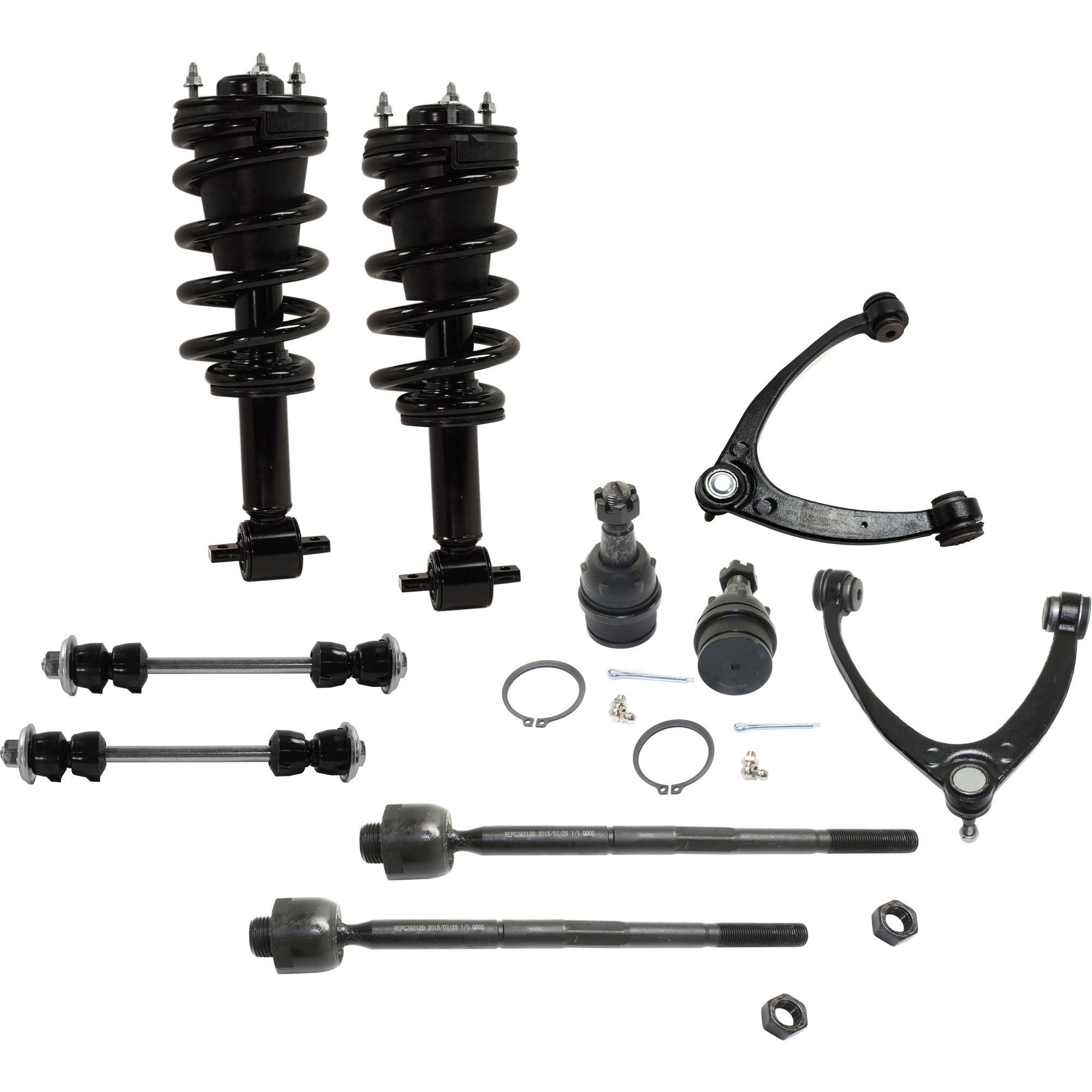 AM SILVERADO SIERRA 1500 FRONT CONTROL ARM KIT RH AND LH Upper 10 pc kit with Ball Joints Loaded Struts Sway Bar Links and Tie Rod Ends SKU KIT 012121-02-04 OEM 104327-2601528-5051272-1247281