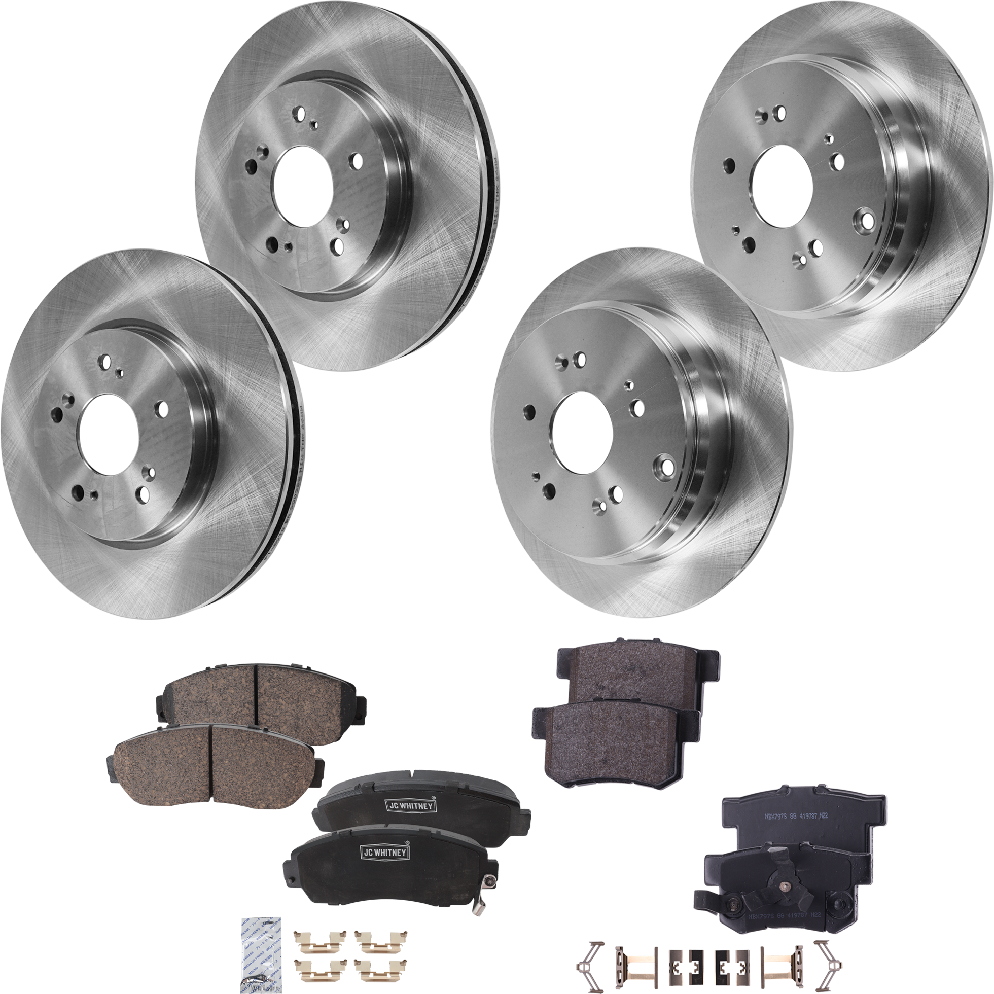 AM CR V 07-11 RDX 10-12 FRONT AND REAR BRAKE DISC AND PAD KIT 4 Wheel Set SKU KIT 012121-02-16 OEM 42510SCAE50-42510S9AE50-42510S