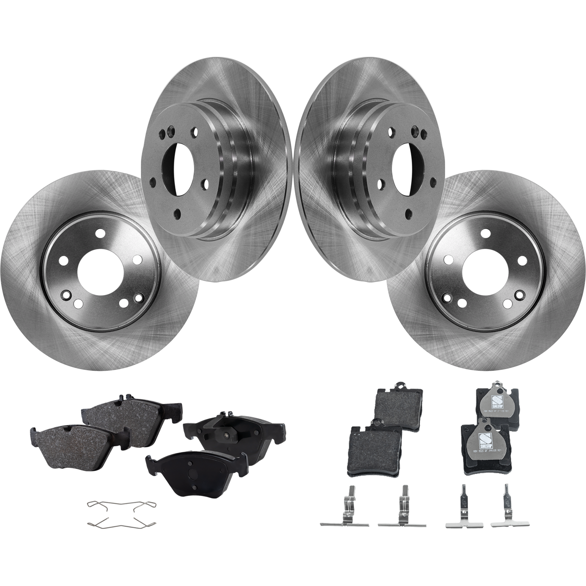 AM E CLASS 96-99 FRONT AND REAR BRAKE DISC AND PAD KIT 4 Wheel Set SKU KIT 012123-09 OEM 34101-96767-145494-0832792-600