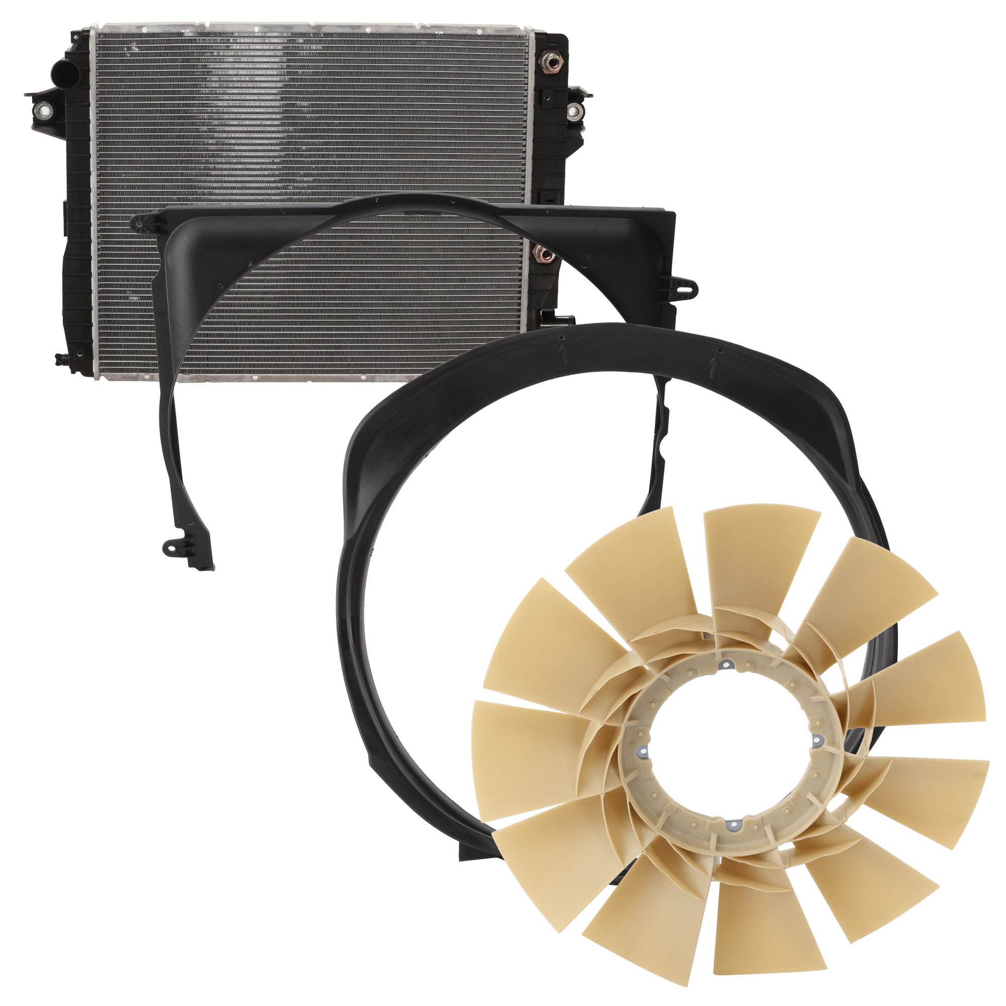 AM RAM 2500-3500 PICKUP 13-18 RADIATOR 4 pc Kit 6.7L Diesel Engine includes Radiator Fan Blade and Front and Rear Section Fan Shroud SKU KIT 012126-20 OEM 52014720AA 52014730AA 52014732