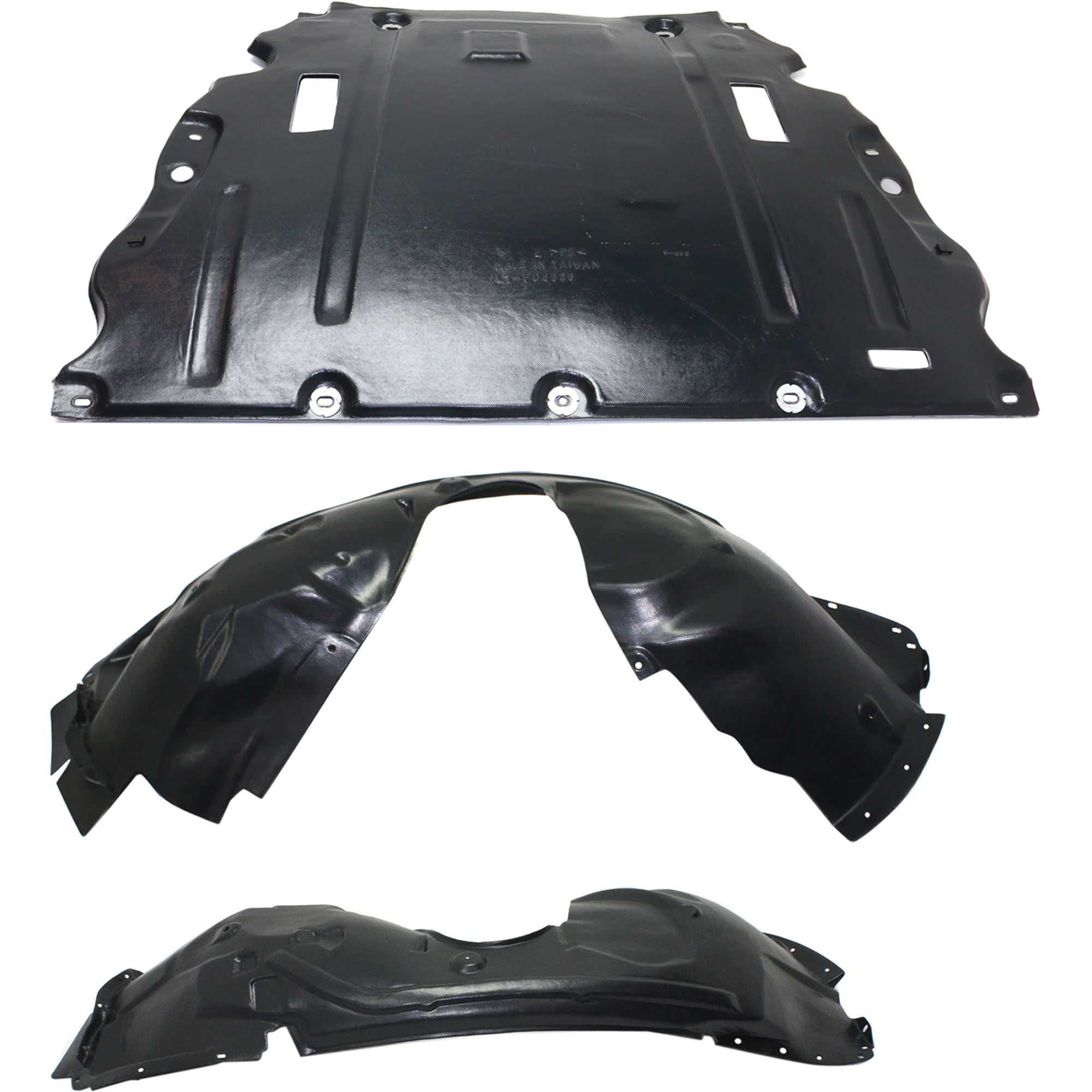 AM FUSION 13-16 ENGINE SPLASH SHIELD 3 pc Kit Under Cover Front includes Driver and Passenger Side Fender Liner SKU KIT 012126-28 Partslink FO1228126 FO1249159 FO1248159 OEM DG9Z6P013E DS7Z16102A DS7Z1610