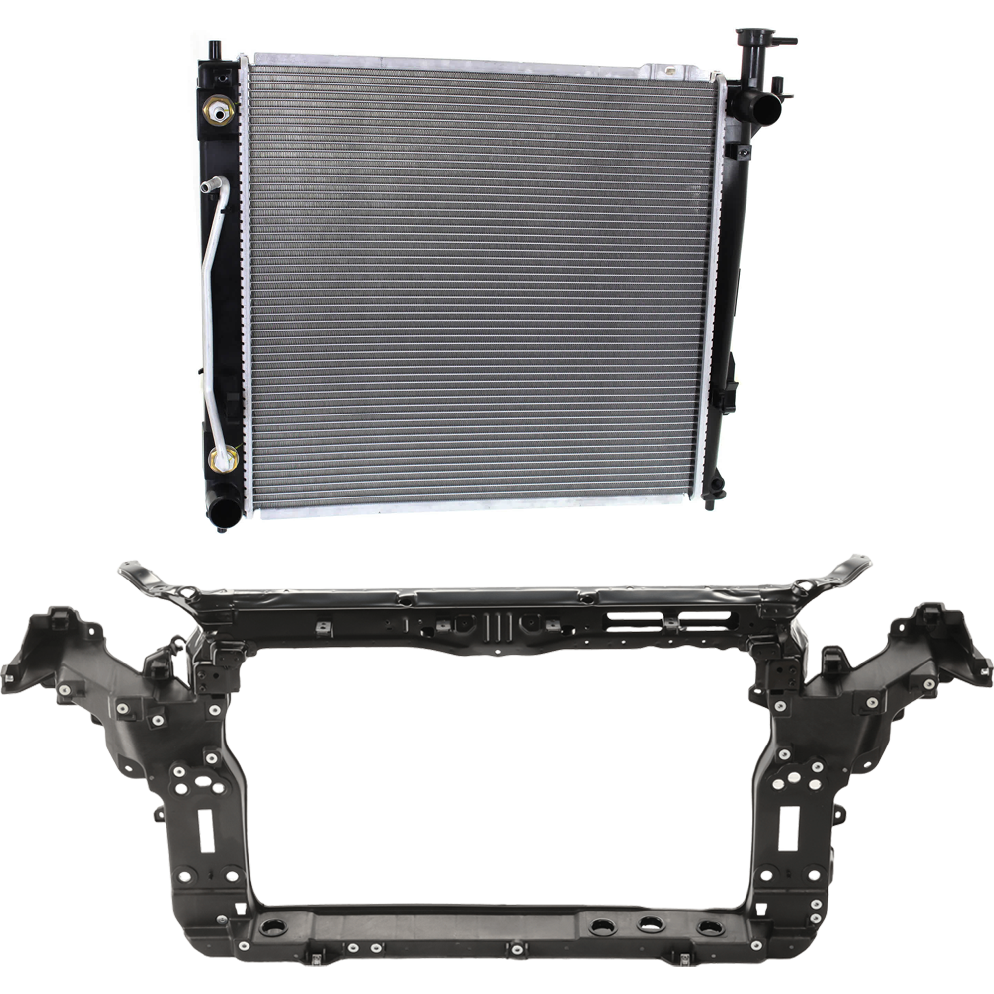 AM SANTA FE SPORT 13-18 RADIATOR SUPPORT 2 pc Kit 2.0L Turbocharged Engine includes Radiator SKU KIT 012126-32 Partslink HY1225172 HY3010187 HY3010208 OEM 641014Z100-253102B970-253102B9