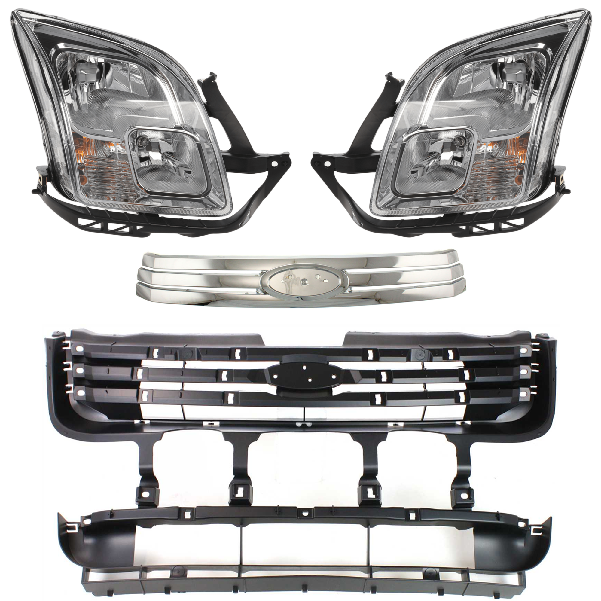 AM FUSION 06-09 HEADER PANEL 4 pc Kit includes Grille and Headlight SKU KIT 012126-50 Partslink FO1223108 FO1200467 FO2503219 FO2502219 OEM 6E5Z8A284C 6E5Z8200A 6E5Z13008