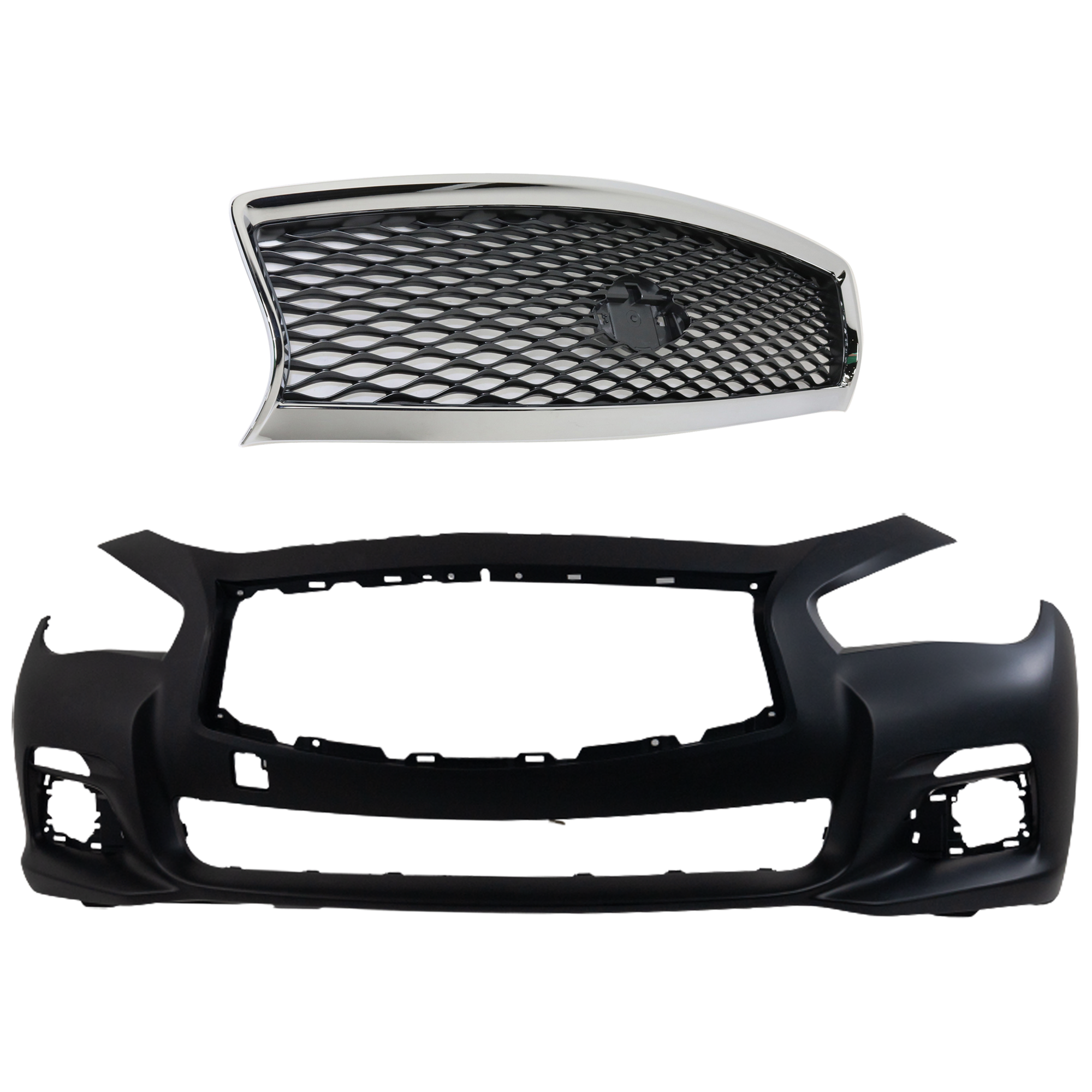 AM Q50-14-17 FRONT BUMPER COVER Primed 2 pc kit with Grille Assembly SKU KIT 012224-08 Partslink IN1000256 IN1200118 OEM 620224HB0H 623104HB1B