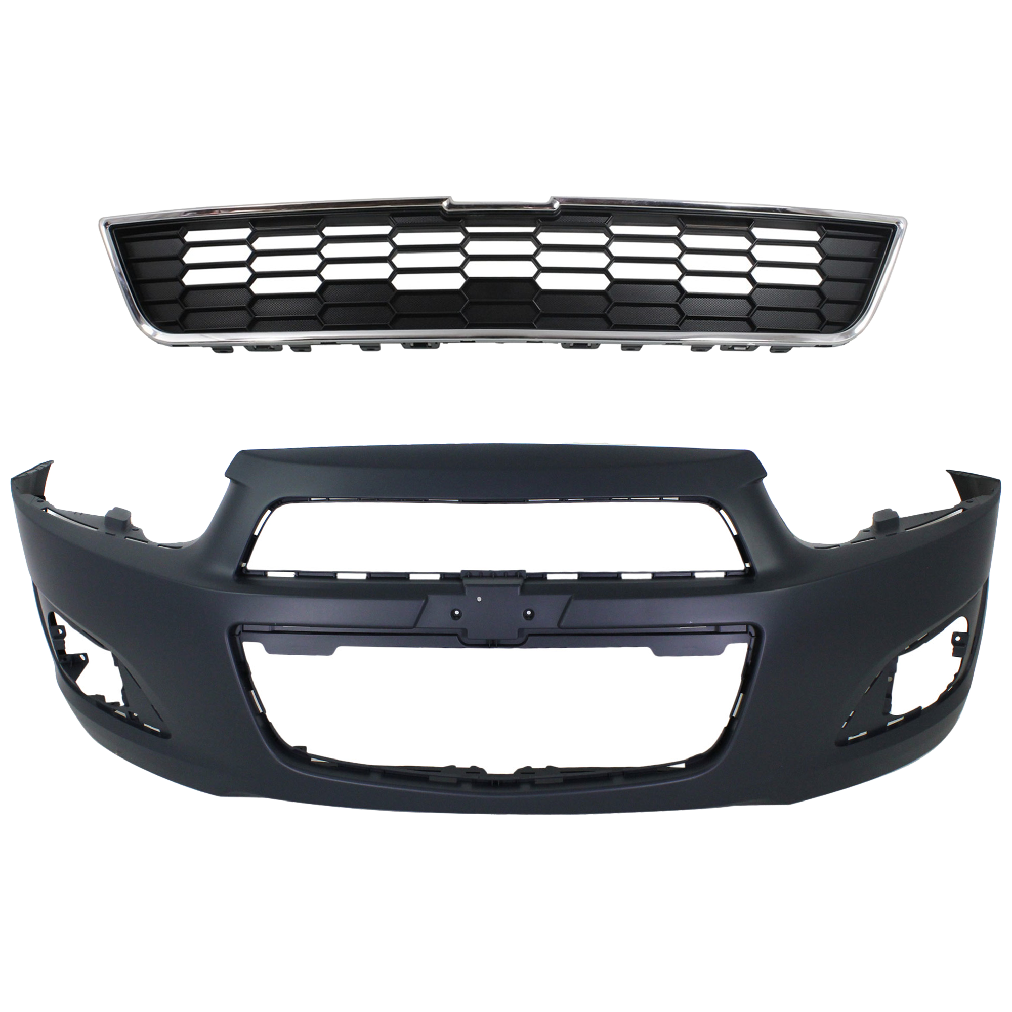 AM SONIC 12-16 FRONT BUMPER COVER 2 pc kit with Grille Assembly SKU KIT 012224-14 Partslink GM1000928 GM1200638 OEM 95245182-95215846