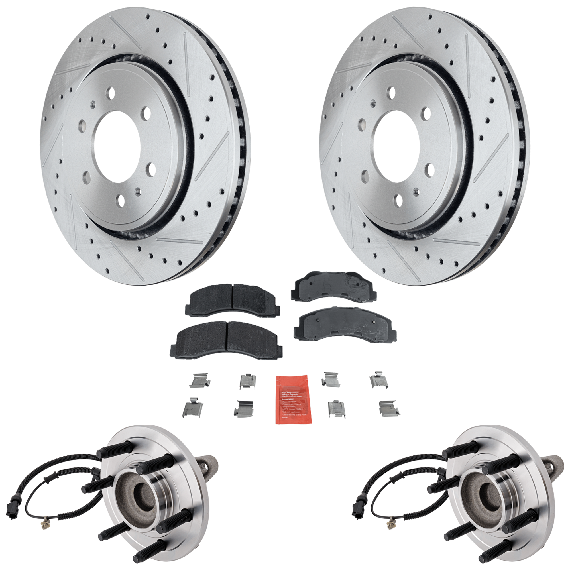 AM F 150-10-10 FRONT HUB ASSEMBLY RH AND LH 6 Studs RWD 5 pc Kit w Brake Disc and Brake Pad Set SKU KIT 012225 C113 OEM 42251-54153-60410-900368-90084