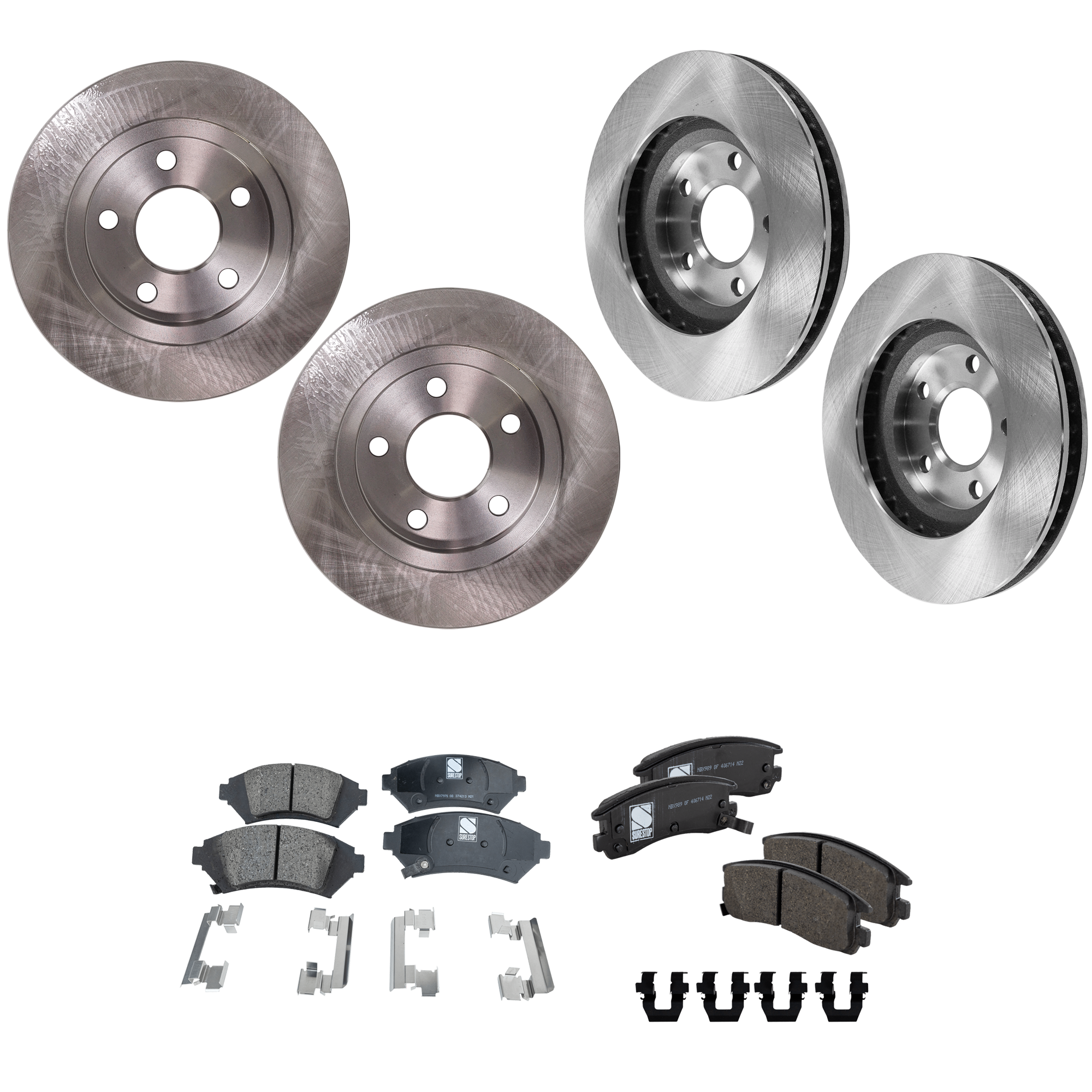 AM BONNEVILLE 04-04 FRONT AND REAR BRAKE DISC AND PAD KIT 4 Wheel Set Plain Surface Solid 5 Lugs SKU KIT 012225 C121 OEM 18022401-18060236-18021015-125