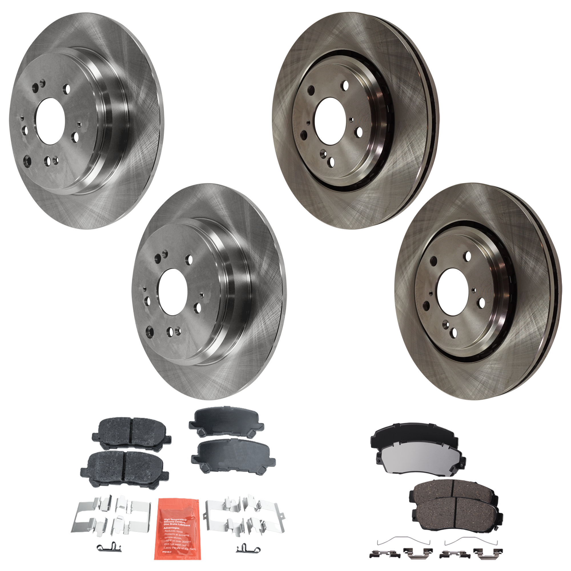 AM ODYSSEY 15-17 FRONT AND REAR BRAKE DISC AND PAD KIT 8 pc Kit Plain Surface Solid 5 Lugs SKU KIT 012225 C138 OEM 42510SZAA00-42510SZAA10-42510T