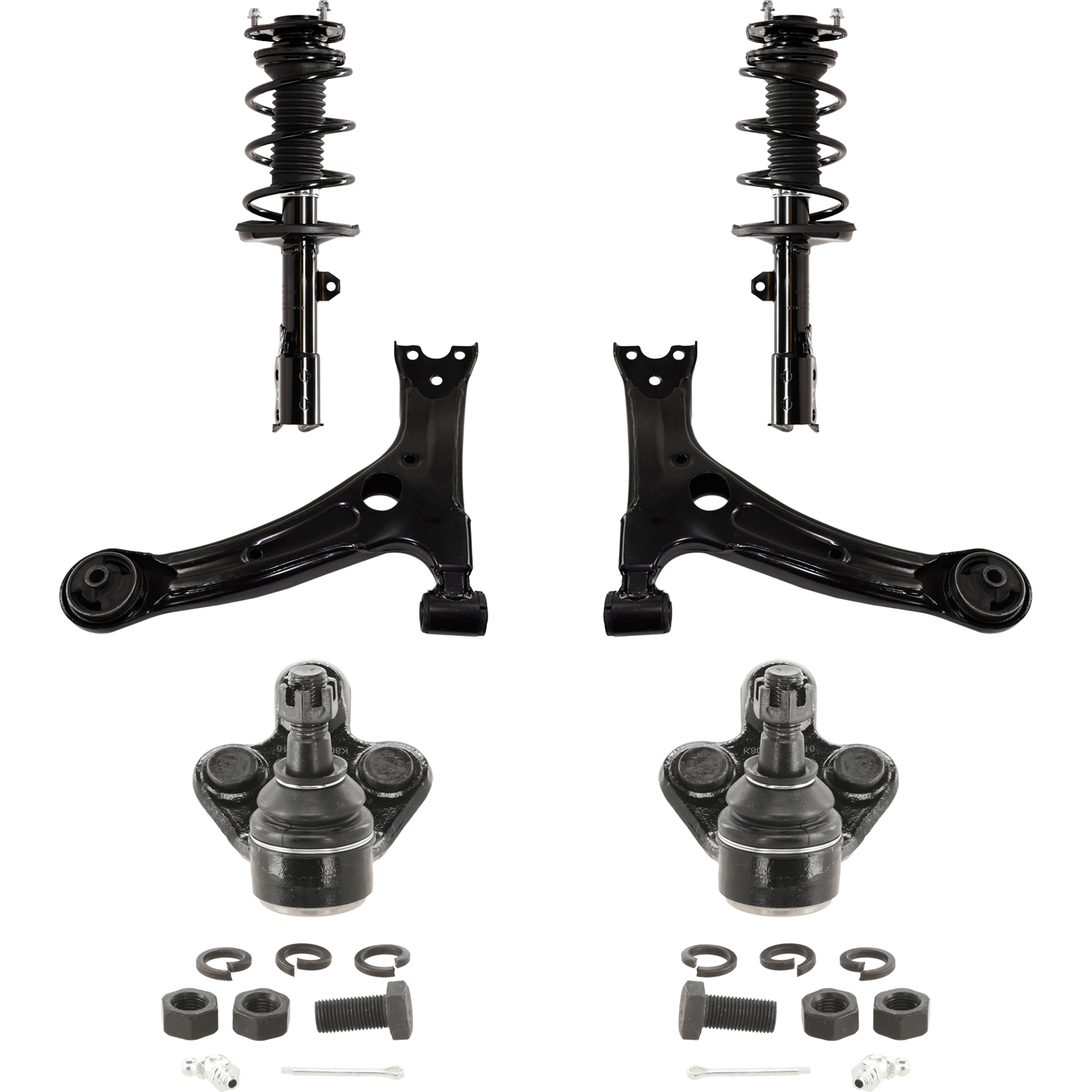 AM COROLLA 09-13 FRONT DRIVER AND PASSENGER SIDE SUSPENSION KIT 6 pc Kit with Shock Absorber and Strut Assembly Control Arm and Ball Joint SKU KIT 012225 C21 Partslink TO4510101 TO4511101 OEM 4333009670-4806902190-48069020