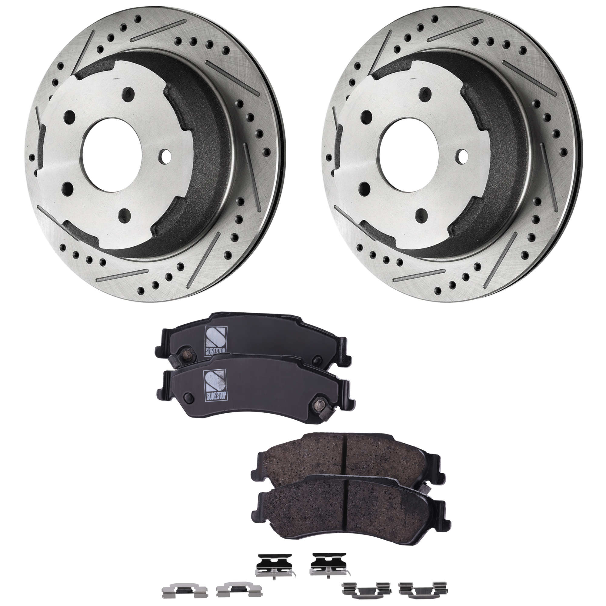 AM BLAZER 98-05 JIMMY 97-01 REAR BRAKE DISC AND PAD kit 4 pc kit Cross drilled and Slotted Vented 5 Lugs SKU KIT 012225 C36 OEM 27277-55049-56725-86725-101609