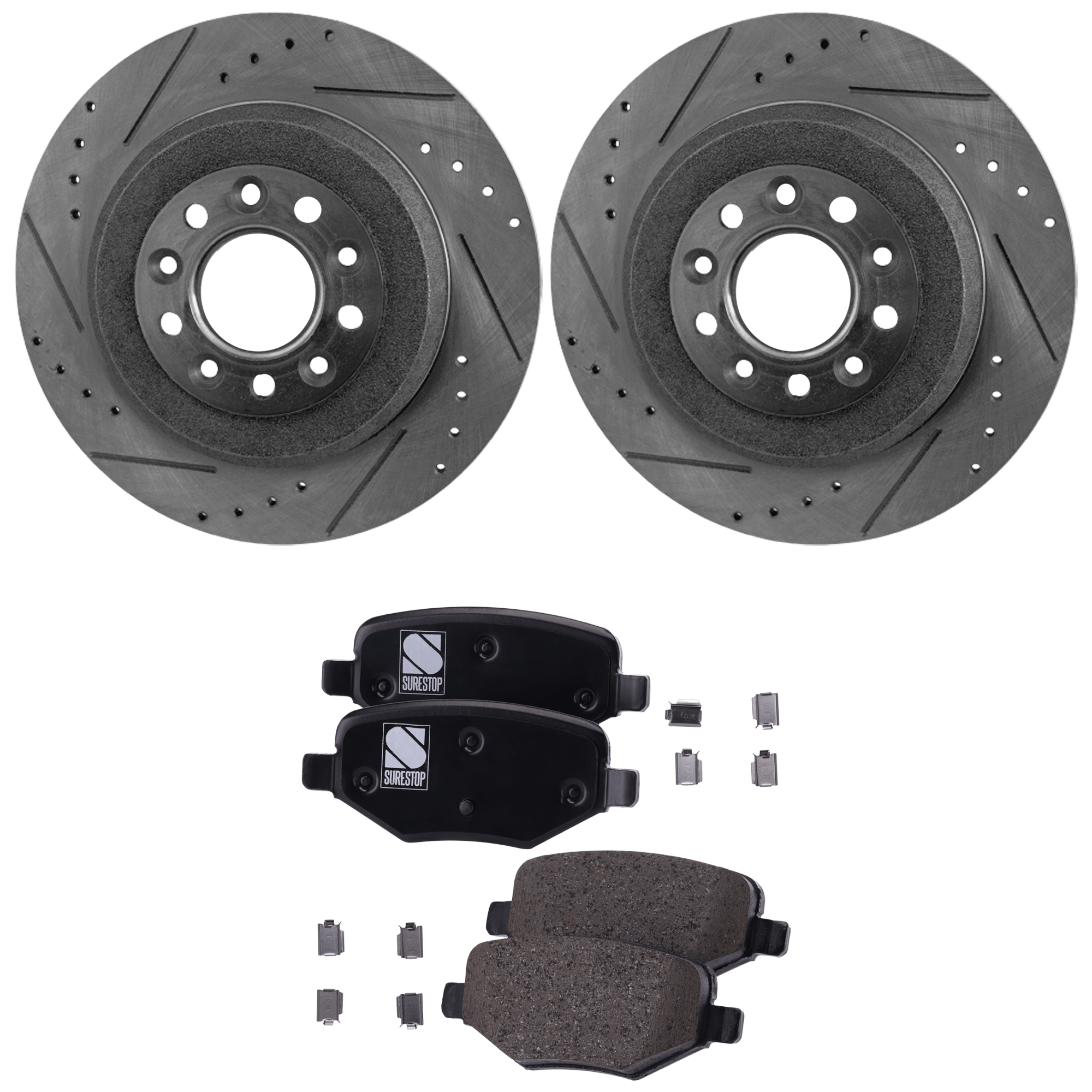 AM EDGE 11-14 EXPLORER 15-19 REAR BRAKE DISC AND PAD KIT 2 Wheel Set Cross drilled and Slotted SKU KIT 012225 C52 OEM 19362-42146-42266-54125-54165