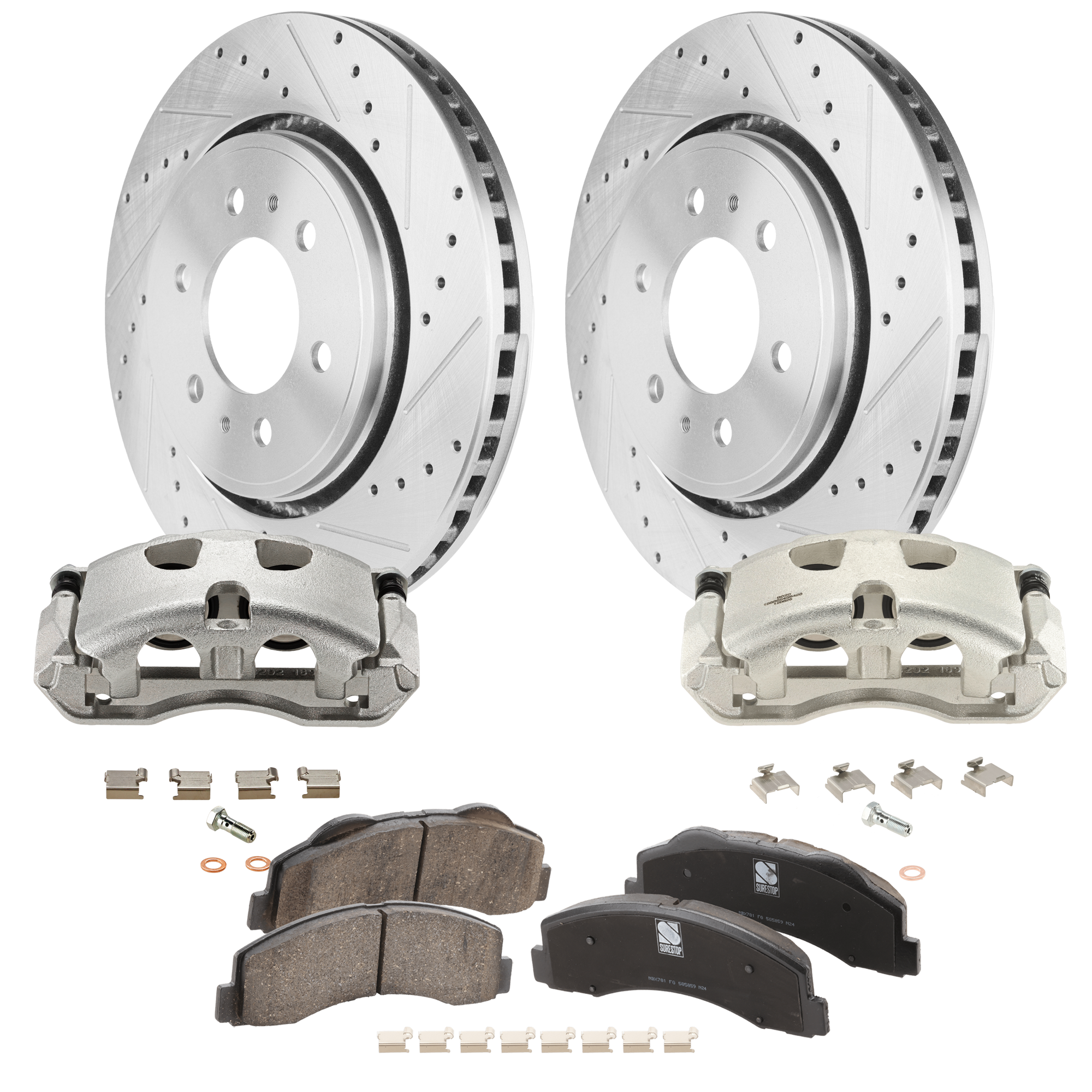 AM EXPEDITION 10-17 F 150-10-11 FRONT BRAKE KIT WITH CALIPERS 2 Wheel Set Includes 2 Brake Caliper 2 Brake Disc and 1 Brake Pad Set Cross drilled and Slotted 6 Lugs Ceramic SKU KIT 012325-08 OEM 42251-54153-60410-900368-90084