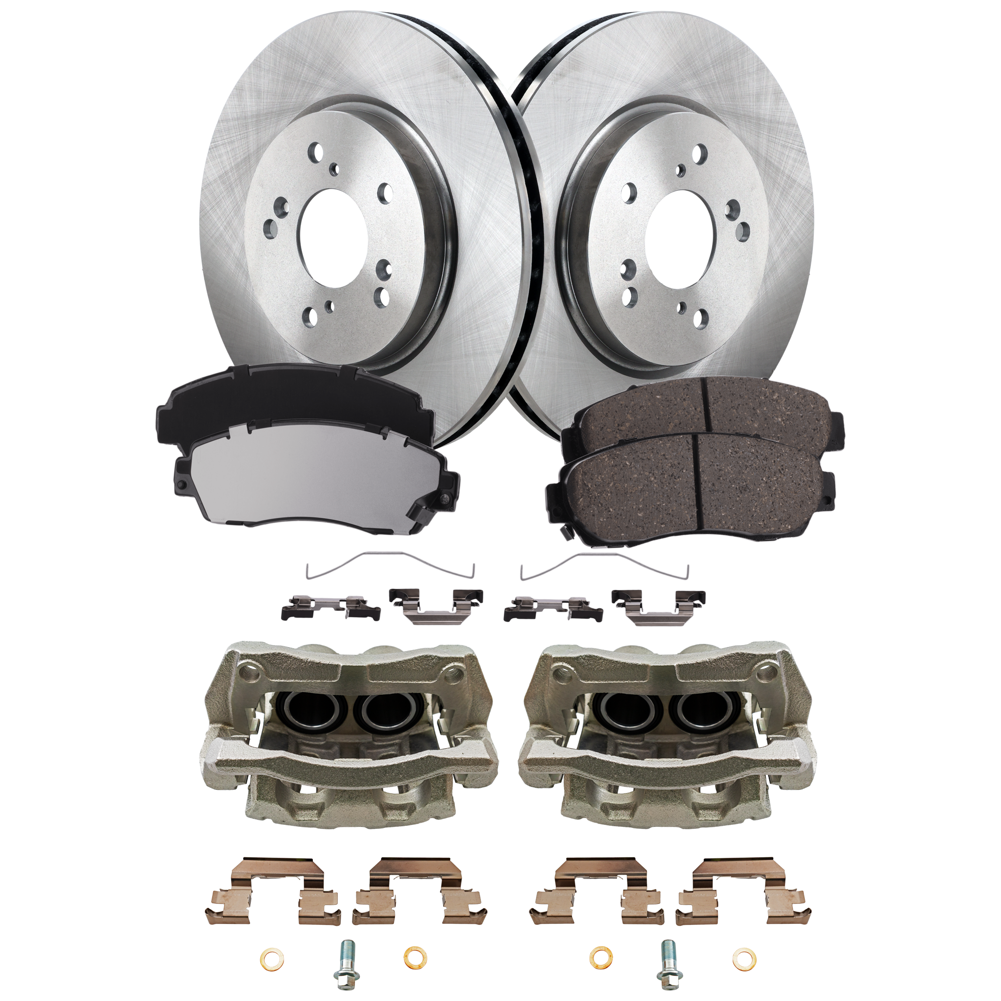 AM ACCORD CROSSTOUR 11-11 CR V 12-16 FRONT BRAKE KIT WITH CALIPERS 2 Wheel Set Includes 2 Brake Caliper 2 Brake Disc and 1 Brake Pad Set Plain Surface 5 Lugs Cast Iron Ceramic SKU KIT 012325-12 OEM 45251SWAA00-45251SWE000-45251S