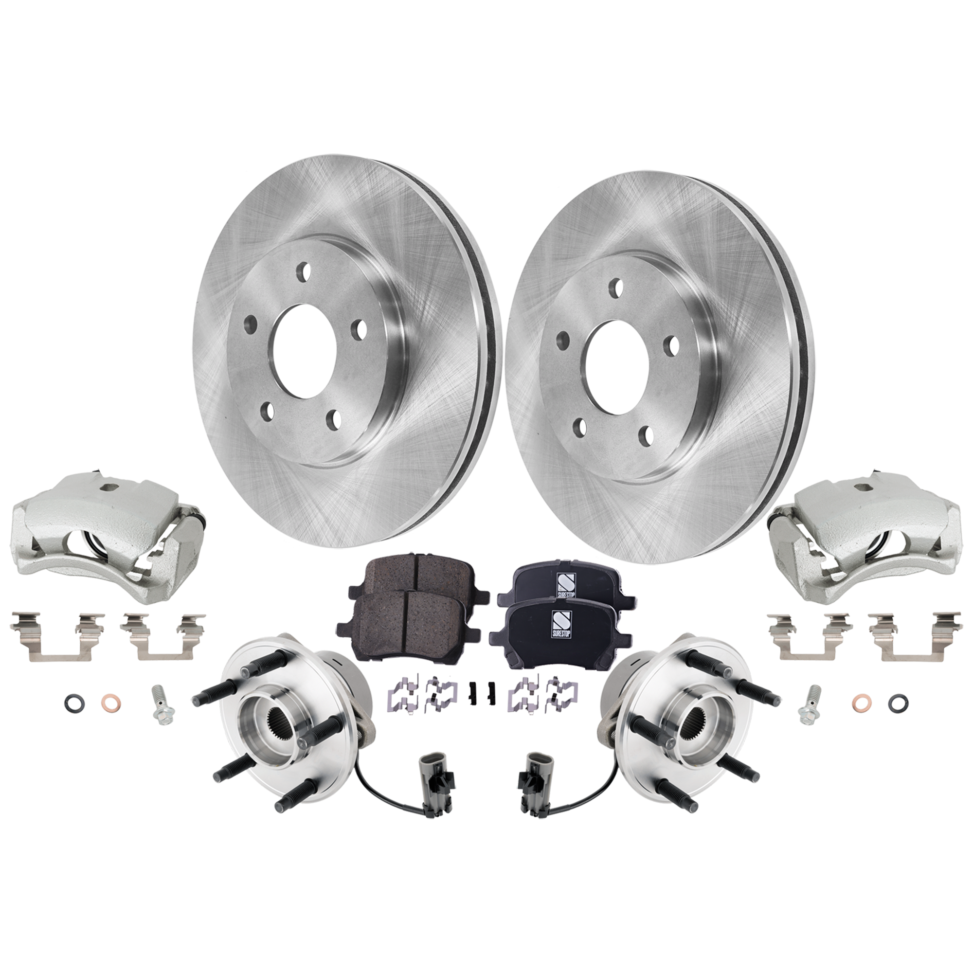 AM HHR 06-11 FRONT BRAKE KIT WITH CALIPERS 2 Wheel Set Includes 2 Brake Caliper 2 Brake Disc 1 Brake Pad Set and 2 Wheel Hub Plain Surface 5 Lugs Cast Iron Ceramic SKU KIT 012325-19 OEM 22728988-15243704-15808204-228