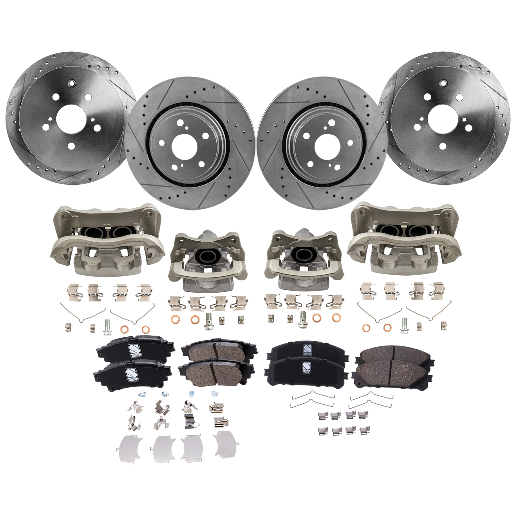 AM RX350-10-12 SIENNA 11-12 FRONT AND REAR BRAKE KIT WITH CALIPERS 4 Wheel Set Includes 4 Brake Caliper 4 Brake Disc and 2 Brake Pad Set Cross drilled and Slotted 5 Lugs Ceramic SKU KIT 012325-27 OEM 31544-44691-0833498-850191-600