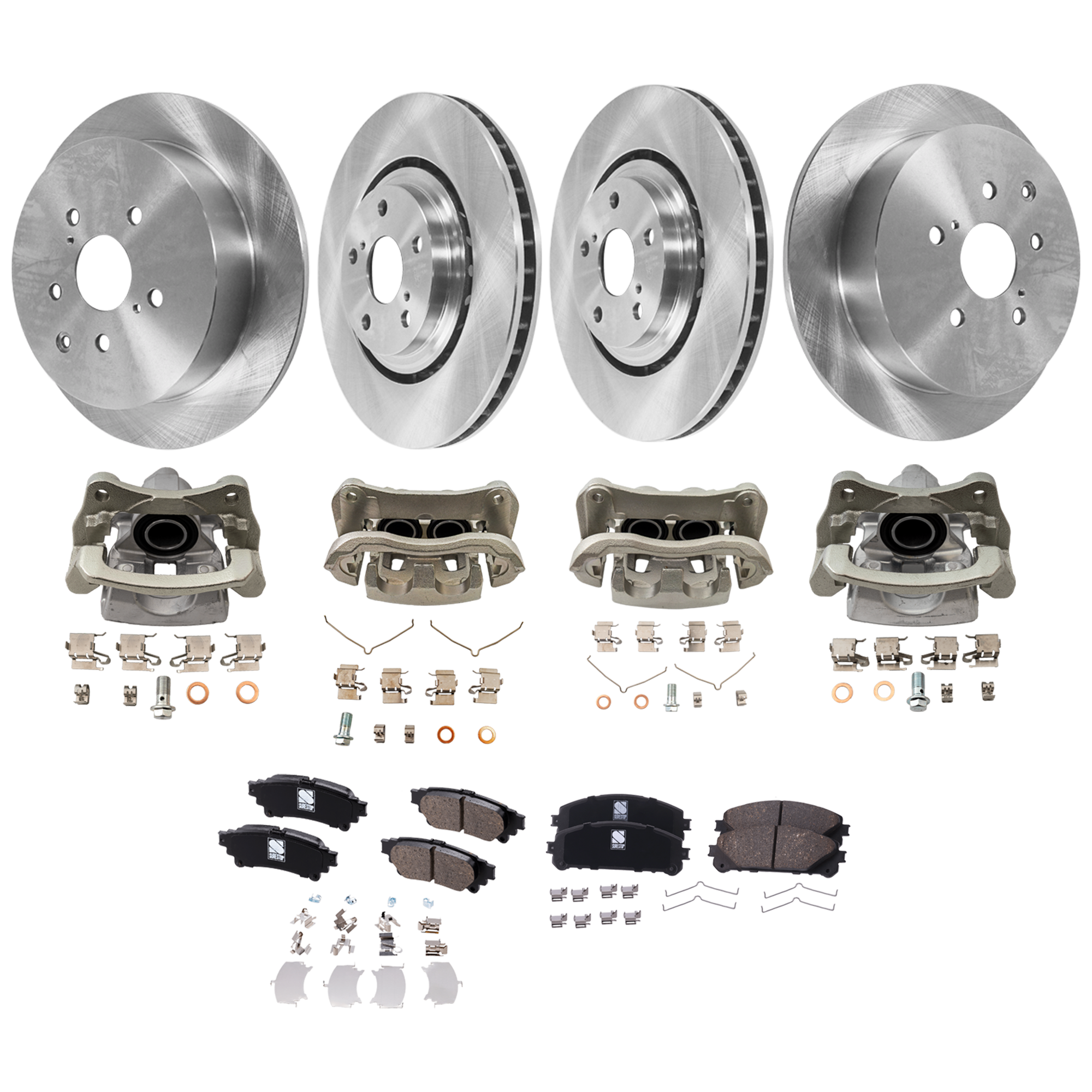 AM RX350-10-12 SIENNA 11-12 FRONT AND REAR BRAKE KIT WITH CALIPERS 4 Wheel Set Includes 4 Brake Caliper 4 Brake Disc and 2 Brake Pad Set Plain Surface 5 Lugs Cast Iron Ceramic SKU KIT 012325-28 OEM 31544-44691-0833498-850191-600