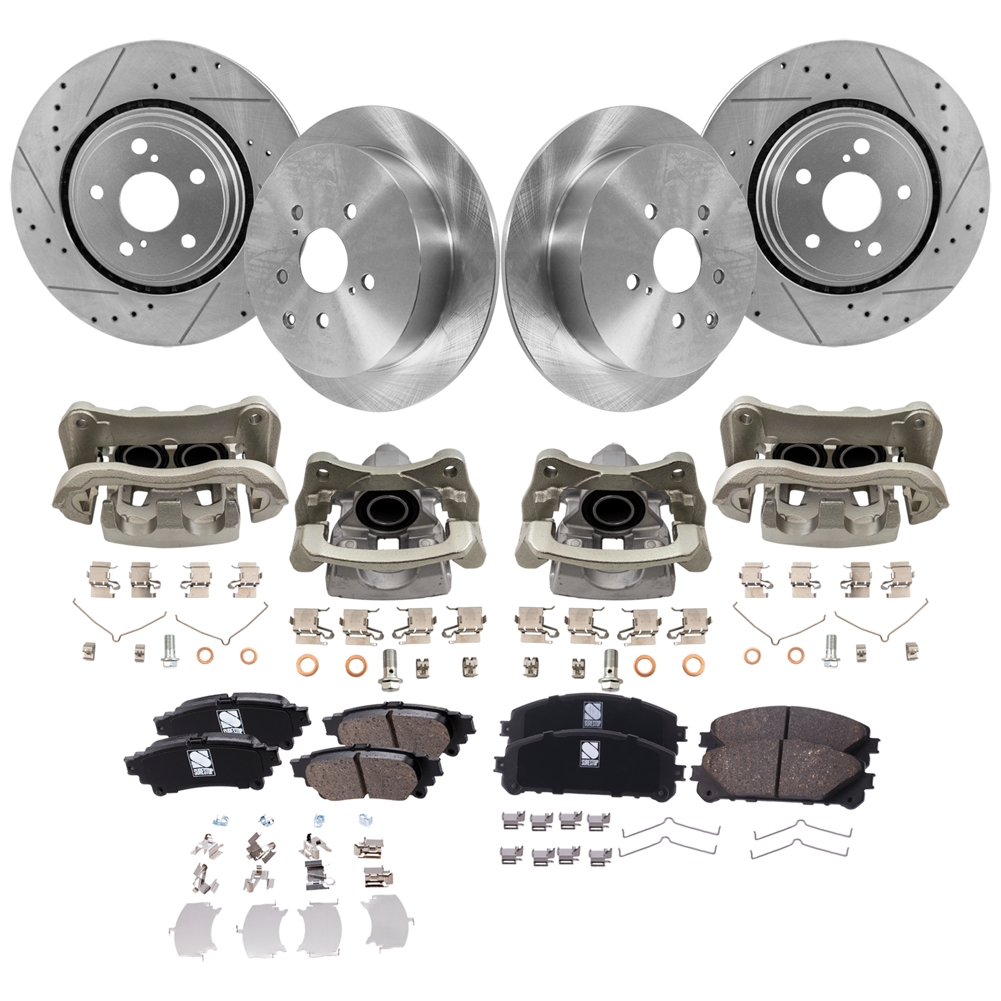 AM RX350-10-12 SIENNA 11-12 FRONT AND REAR BRAKE KIT WITH CALIPERS 4 Wheel Set Includes 4 Brake Caliper 4 Brake Disc and 2 Brake Pad Set Front Cross drilled and Slotted Rear Plain Surface 5 L SKU KIT 012325-41 OEM 31544-44691-0833498-850191-600