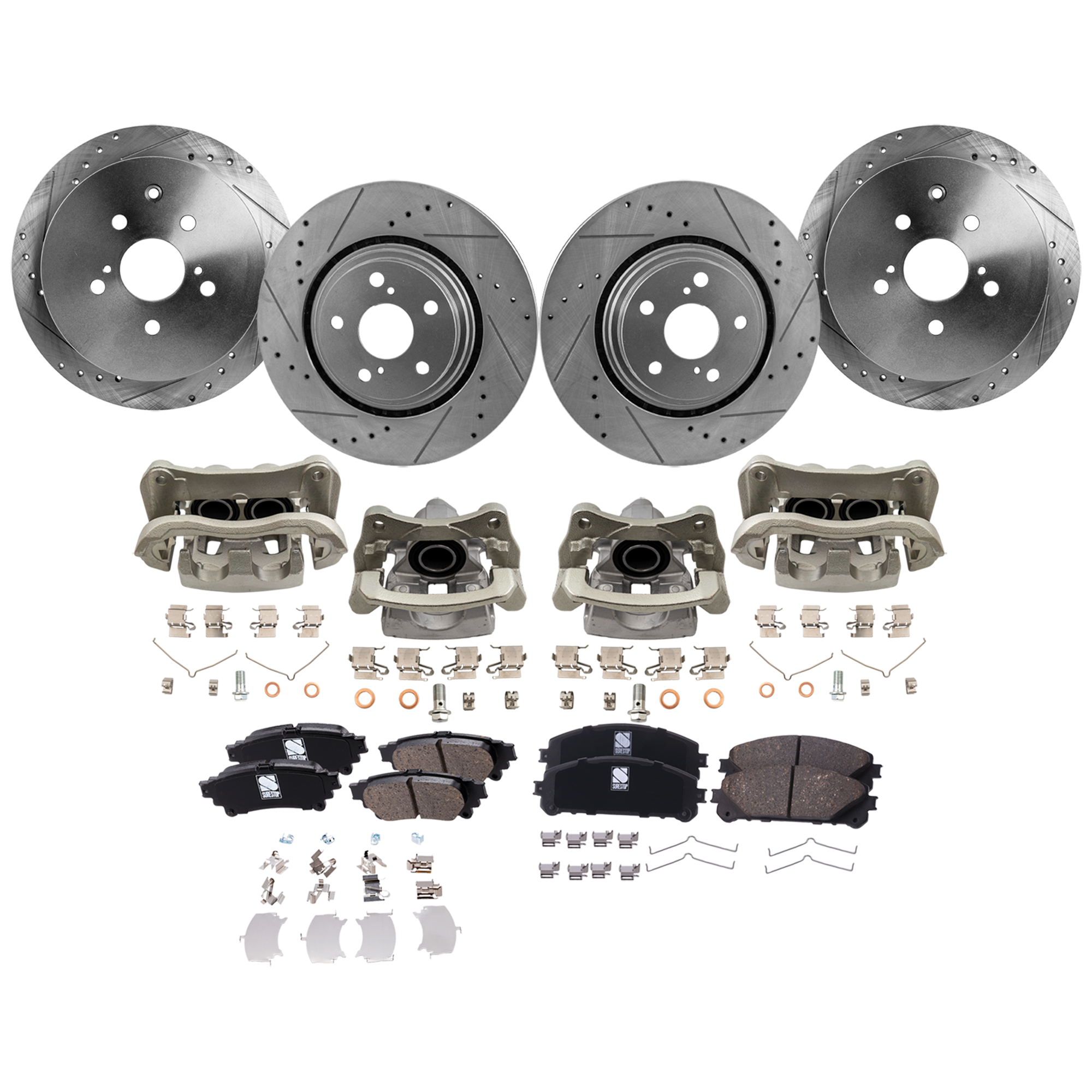 AM RX350-10-12 SIENNA 11-12 FRONT AND REAR BRAKE KIT WITH CALIPERS 4 Wheel Set Includes 4 Brake Caliper 4 Brake Disc and 2 Brake Pad Set Cross drilled and Slotted 5 Lugs Ceramic SKU KIT 012325-42 OEM 31544-44691-0833498-850191-600