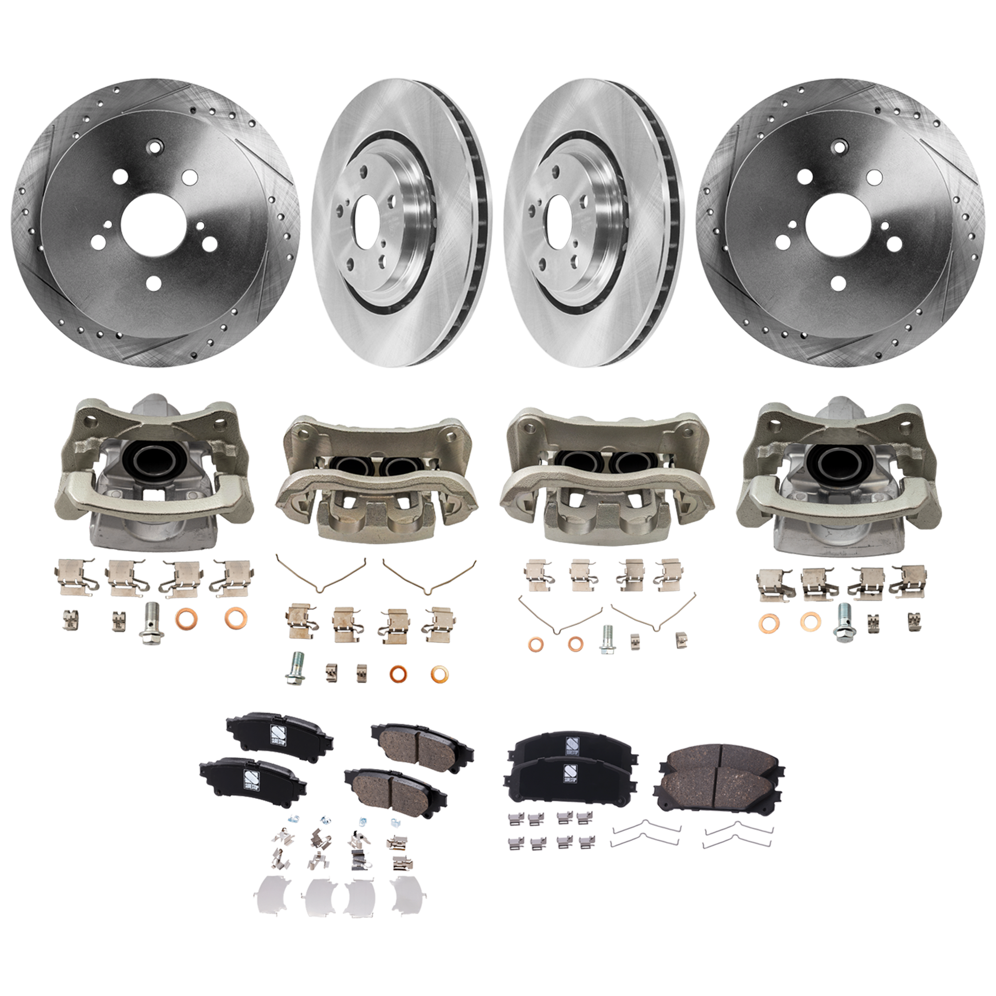 AM RX350-10-12 SIENNA 11-12 FRONT AND REAR BRAKE KIT WITH CALIPERS 4 Wheel Set Includes 4 Brake Caliper 4 Brake Disc and 2 Brake Pad Set Front Plain Surface Rear Cross drilled and Slotted 5 L SKU KIT 012325-43 OEM 31544-44691-0833498-850191-600