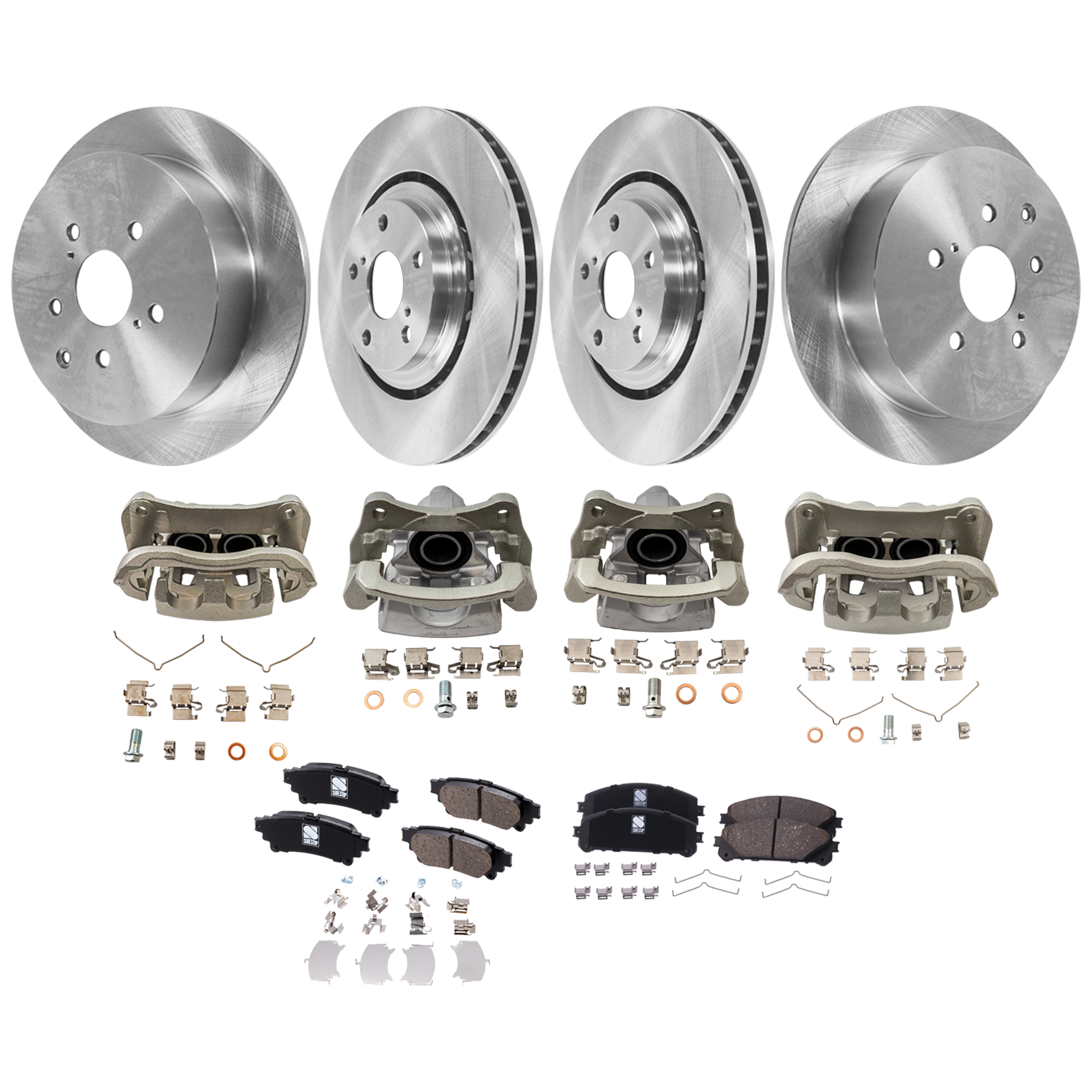 AM RX350-10-12 SIENNA 11-12 FRONT AND REAR BRAKE KIT WITH CALIPERS 4 Wheel Set Includes 4 Brake Caliper 4 Brake Disc and 2 Brake Pad Set Plain Surface 5 Lugs Cast Iron Ceramic SKU KIT 012325-44 OEM 31544-44691-0833498-850191-600