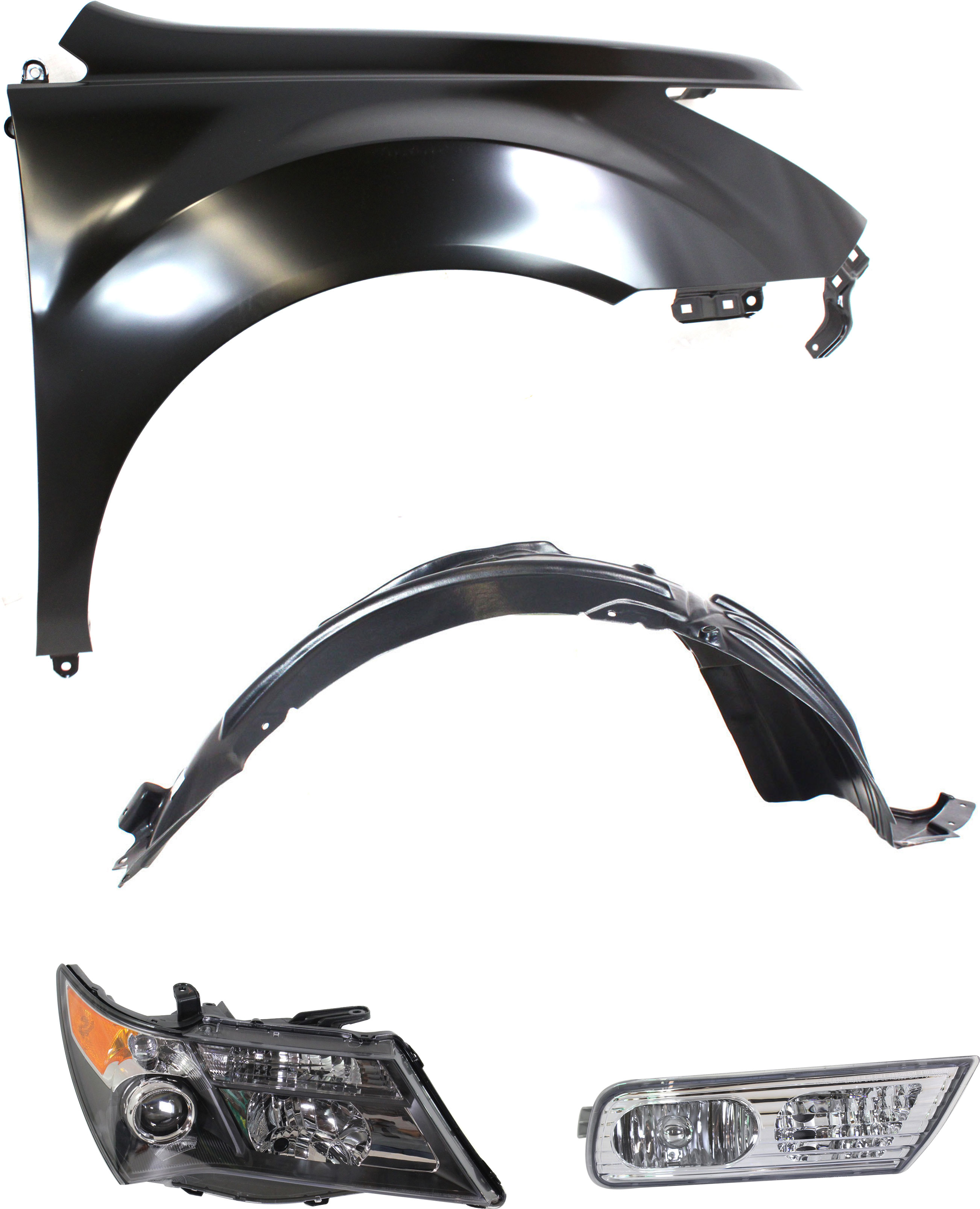 AM MDX 07-09 HEAD LAMP RH Lens and Housing HID Xenon 4 pc Kit with Fender Fender Liner and Fog Light SKU KIT 012417-19 Partslink AC2519111 AC1241119 AC1249123 AC2593107 OEM 33101STXA12-60210STXA90ZZ 7410