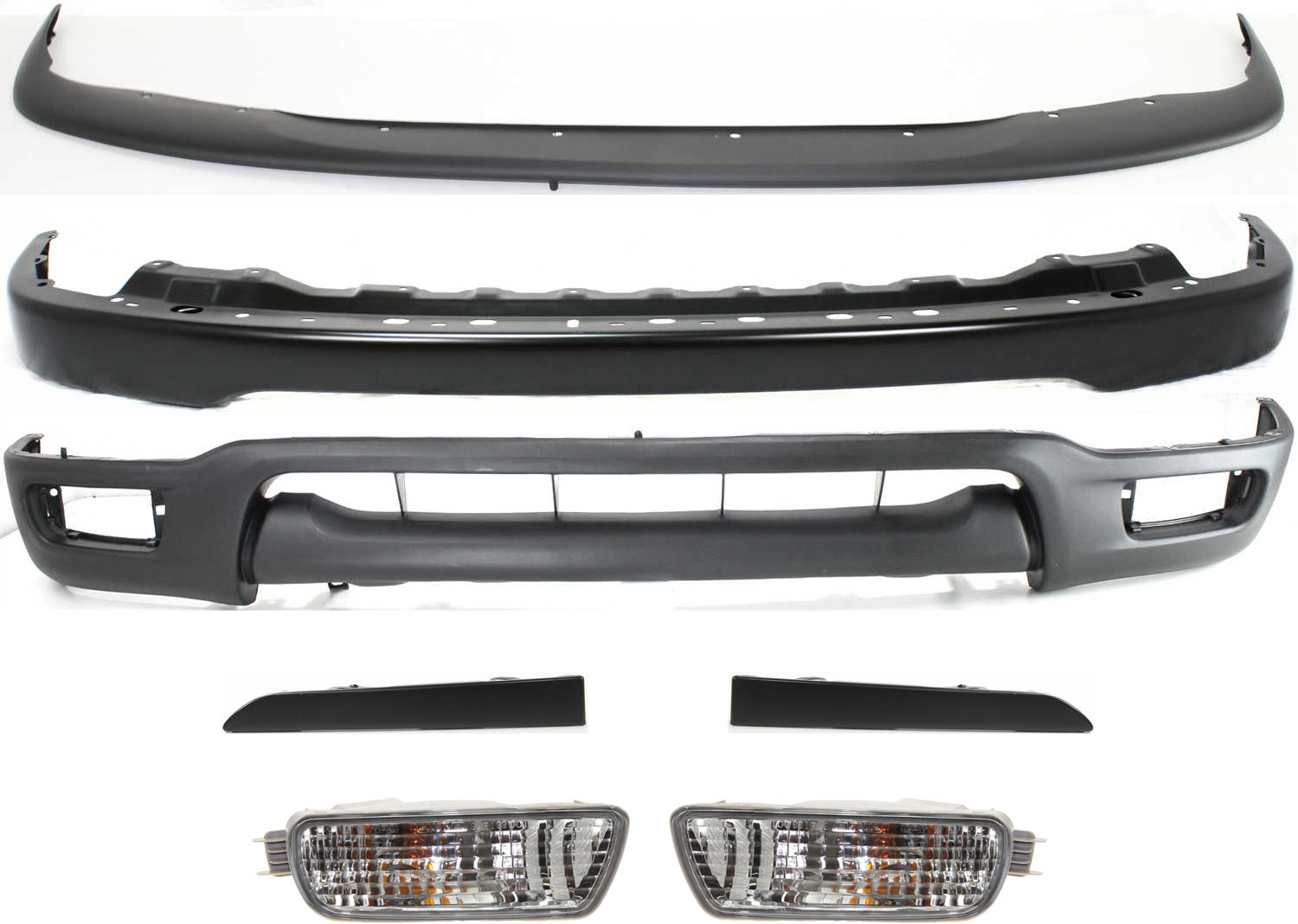 AM TACOMA 01-04 FRONT BUMPER 7 pc kit w Bumper Bumper Filler Lower Panel Headlight Fillers and Turn Signal Lights SKU KIT 012418-02 Partslink TO1002176 TO1087112 TO1088108 TO1089108 TO2530140 TO2531140 TO1095196 OEM 52101AD900-52119AD010-52513350
