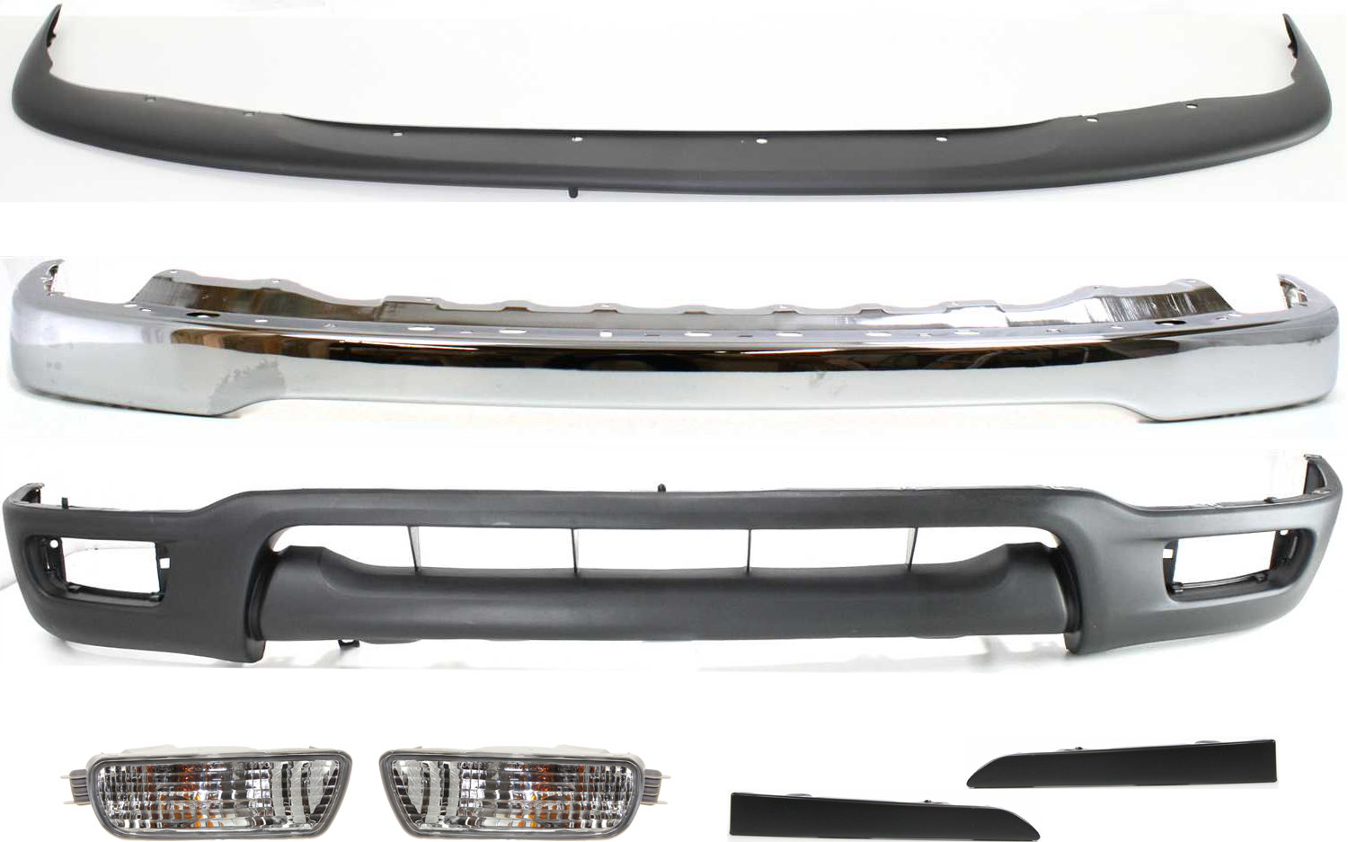 AM TACOMA 01-04 FRONT BUMPER 7 pc kit w Bumper Bumper Filler Lower Panel Headlight Fillers and Turn Signal Lights SKU KIT 012418-04 Partslink TO1002174 TO1087112 TO1088108 TO1089108 TO2530140 TO2531140 TO1095196 OEM 52101AD030-52119AD010-52513350