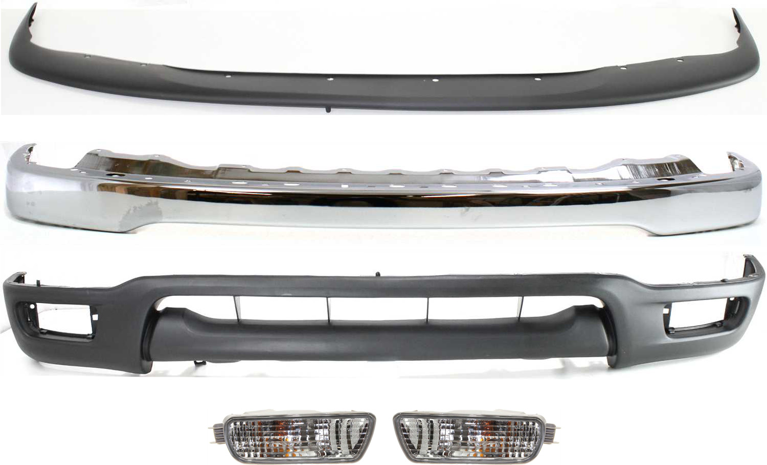 AM TACOMA 01-04 FRONT BUMPER 5 pc kit w Bumper Bumper Filler Lower Panel and Turn Signal Lights SKU KIT 012418-05 Partslink TO1002174 TO1087112 TO2530140 TO2531140 TO1095196 OEM 52101AD030-52119AD010-81520040