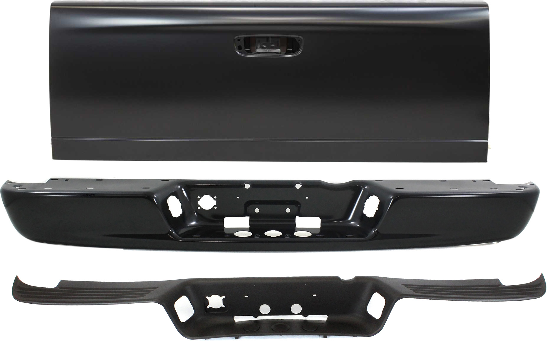 AM DODGE FULL SIZE P U 02-09 STEP BUMPER FACE BAR AND PAD 3 pc Kit w Pad Provision w o Mounting Bracket w Tailgate SKU KIT 012419-03 Partslink CH1102352 CH1191110 CH1900121 OEM 5073625AE 55077340AD 55275969A