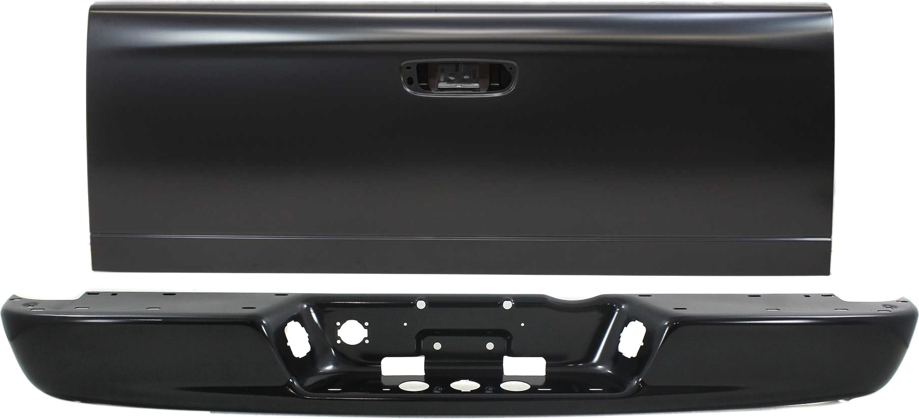 AM DODGE FULL SIZE P U 02-09 STEP BUMPER FACE BAR ONLY 2 pc Kit w o Pad w Pad Provision w o Mounting Bracket w Tailgate SKU KIT 012419-13 Partslink CH1102352 CH1900121 OEM 5073625AE 55275969AB