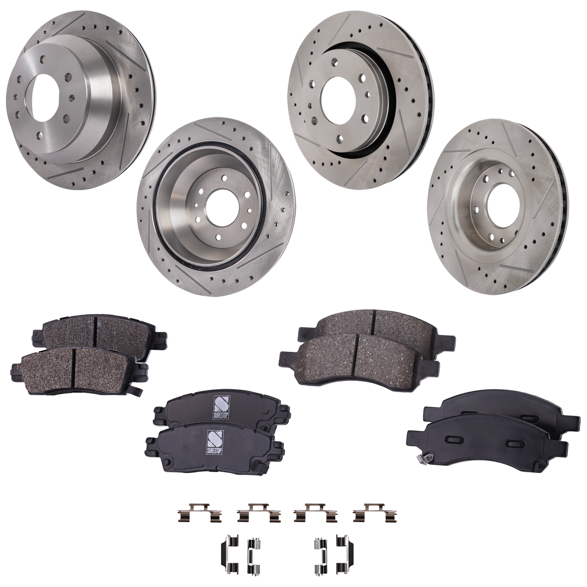 AM ENVOY 06-09 RAINIER 06-07 TRAILBLAZER 06-09 FRONT AND REAR BRAKE DISC AND PAD KIT 8 pc Kit Cross drilled and Slotted SKU KIT 012423-07 OEM 55112-60048052-55112G 55112HC